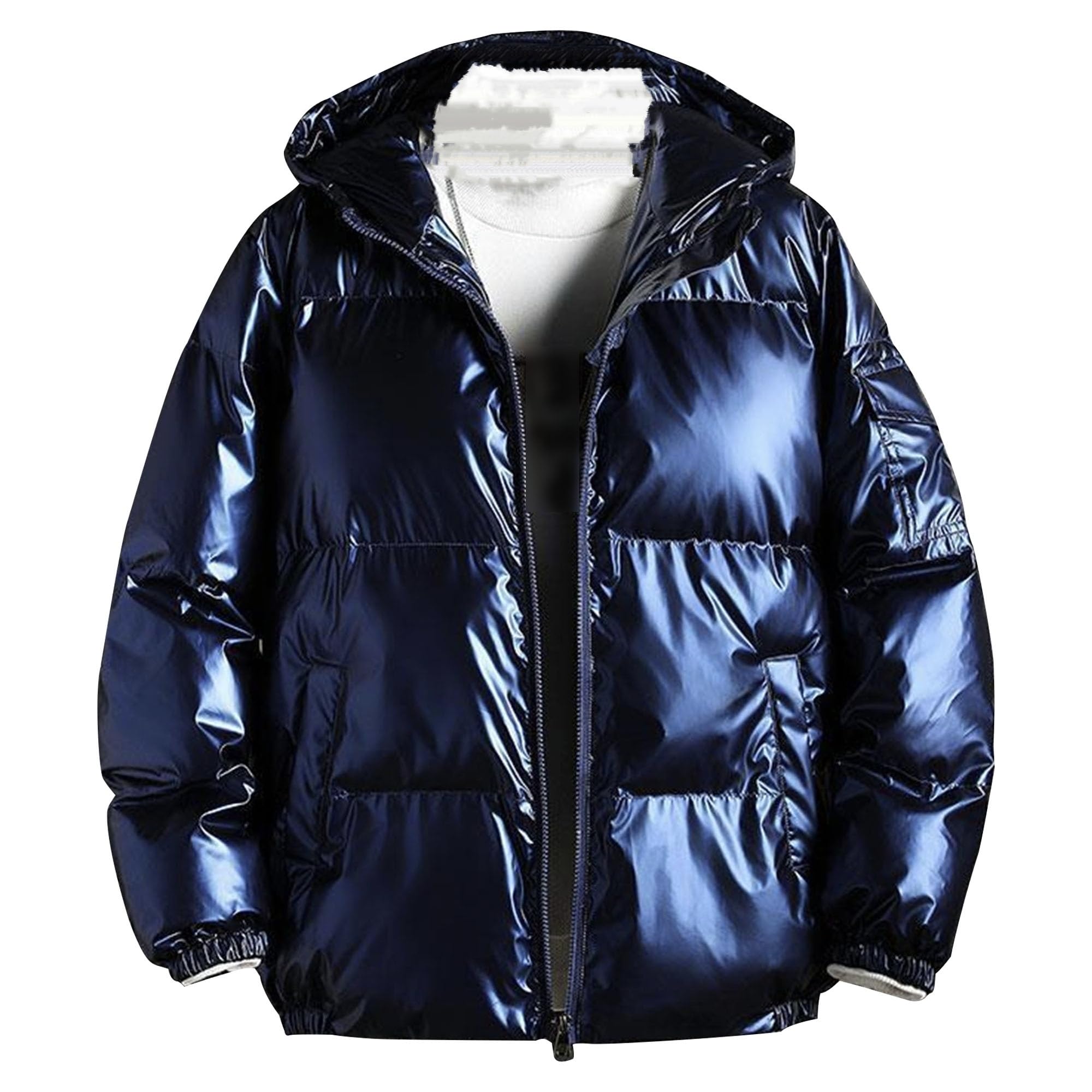 DGHM-JLMY Mens Glossy Padded Winter Hood Coat Metallic Full Zip Down Quilted Puffer Jacket Warm Plus Size Shiny