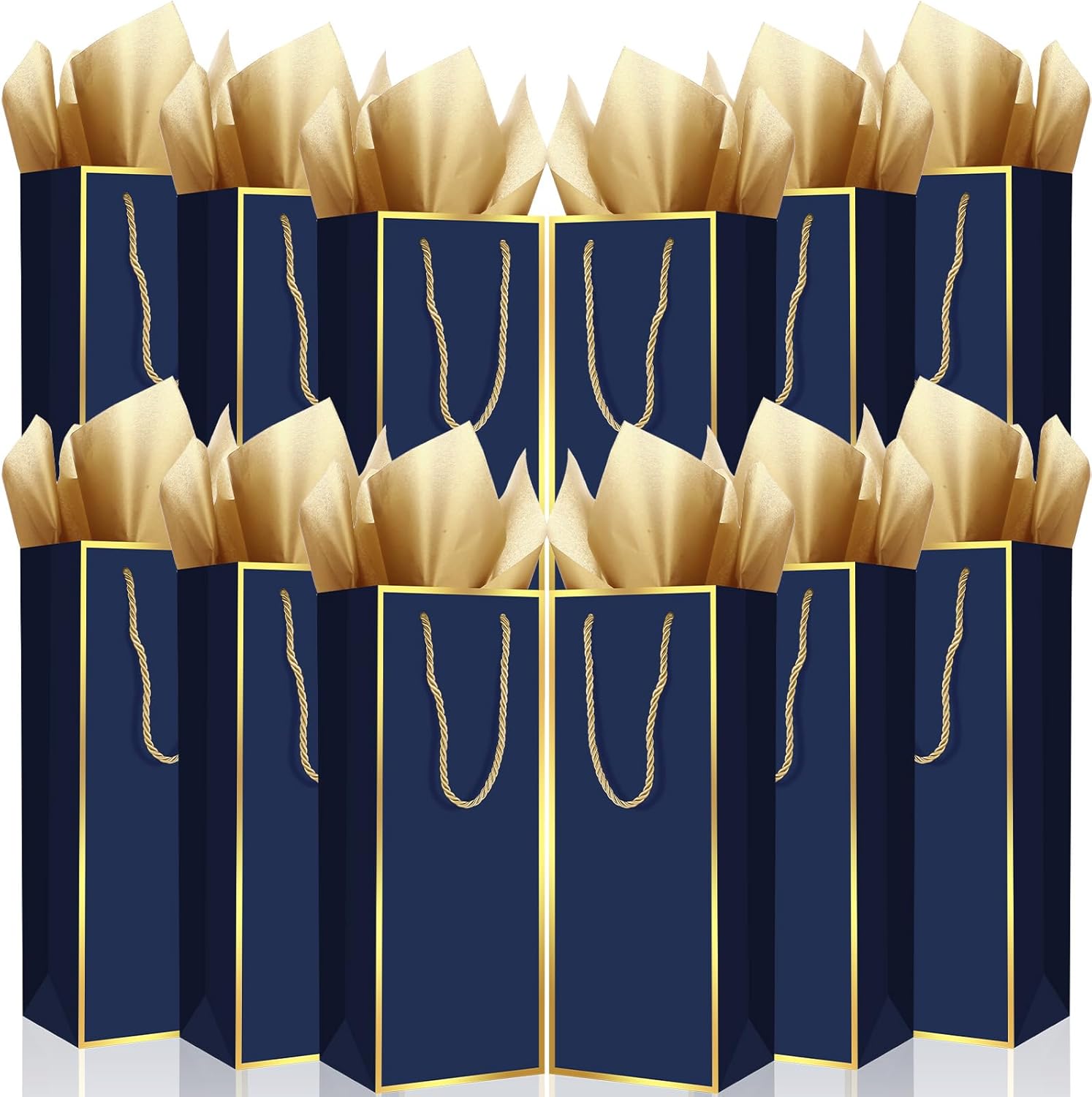 TaoBary 30 Pcs Wine Gift Bags and Gold Wrapping Paper Set Wine Bags for Bottle Bulk 4 x 5 x 13 Inch Champagne Gift Paper Sack with Handles for Appreciation Wedding Party Anniversary(Navy Blue)