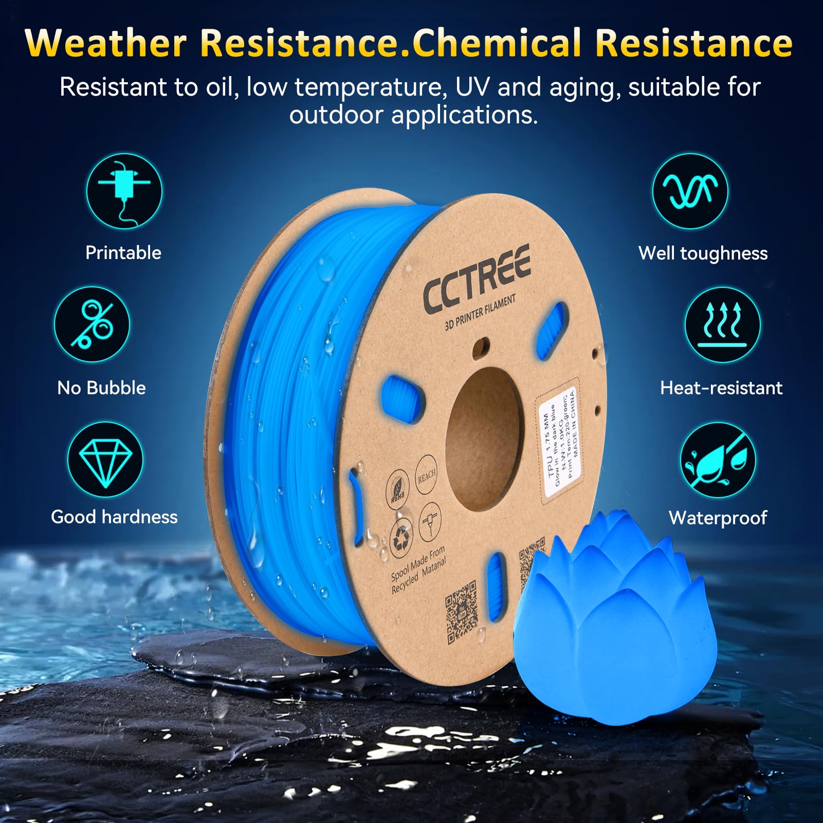 CCTREE Glow in The Dark TPU Filament 1.75mm, Flexible 3D Printer Filament 1KG, Shore Hardness 95A, High Elasticity & Impact Resistance, Dimensional Accuracy ±0.03mm, Glow Blue