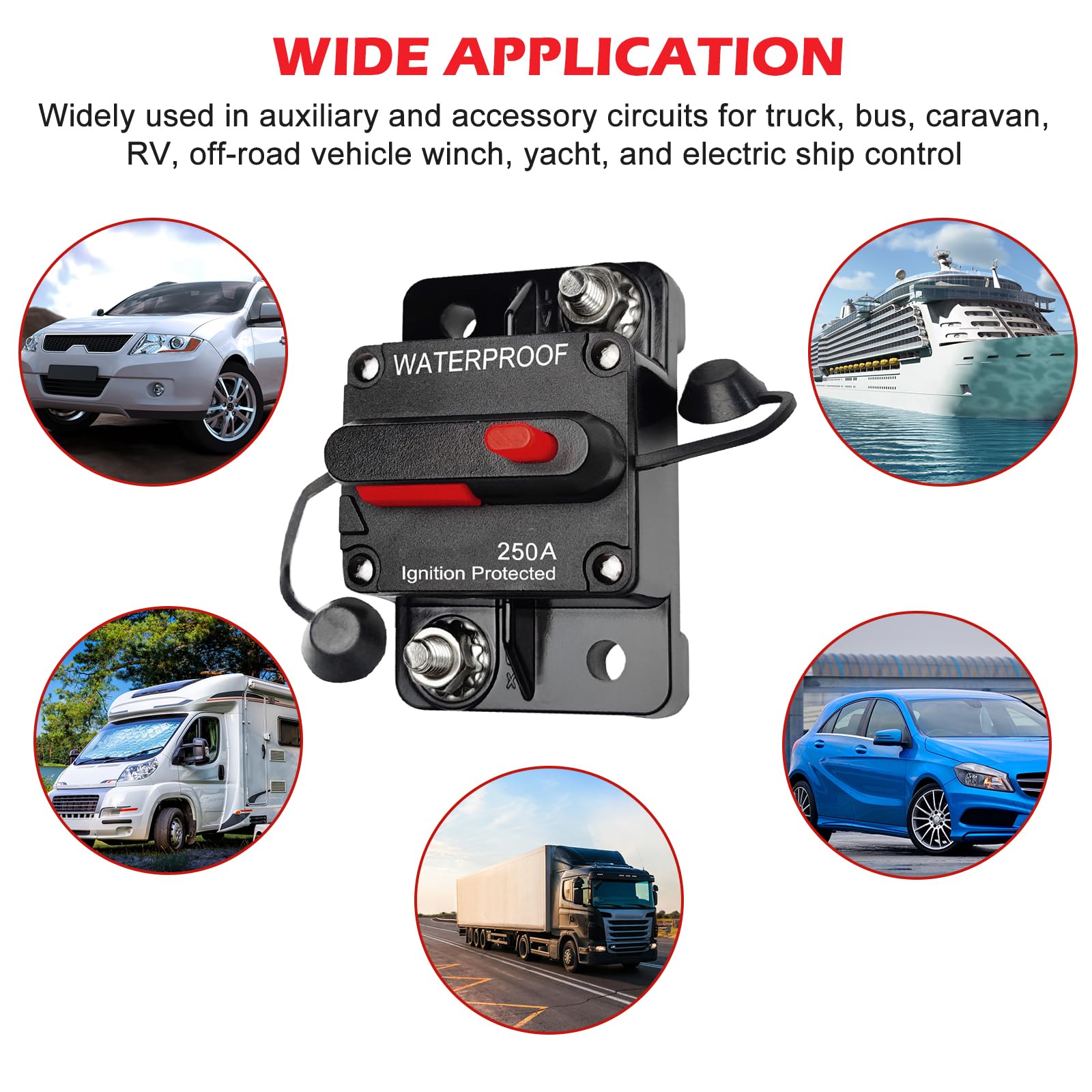 2 pz Interruttore 250A 12V-48V DC per Motori da pesca a traina Barca ATV Alimentazione Manuale con Fusibile in Linea impermeabile Reset Manuale Interruttore per auto, barca (250A)