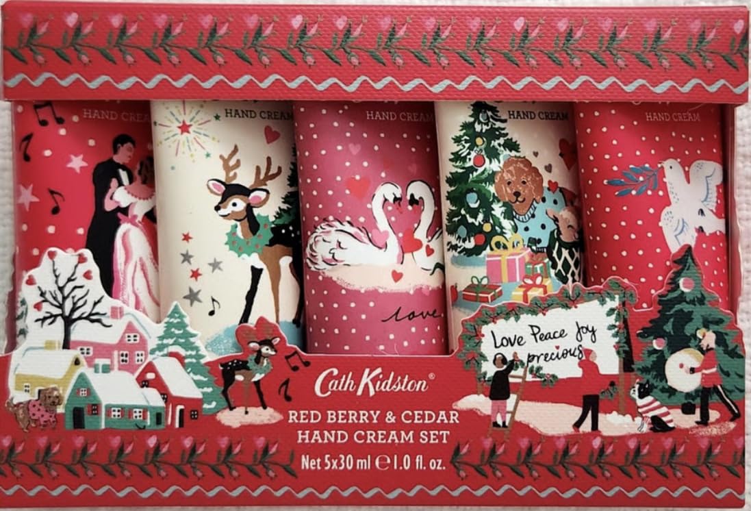 Cath Kidston Hand Cream Set 5 x 30ml Red Berry & Cedar (Christmas legends - Swan, Dogs, Dancers, Deer, Dove)