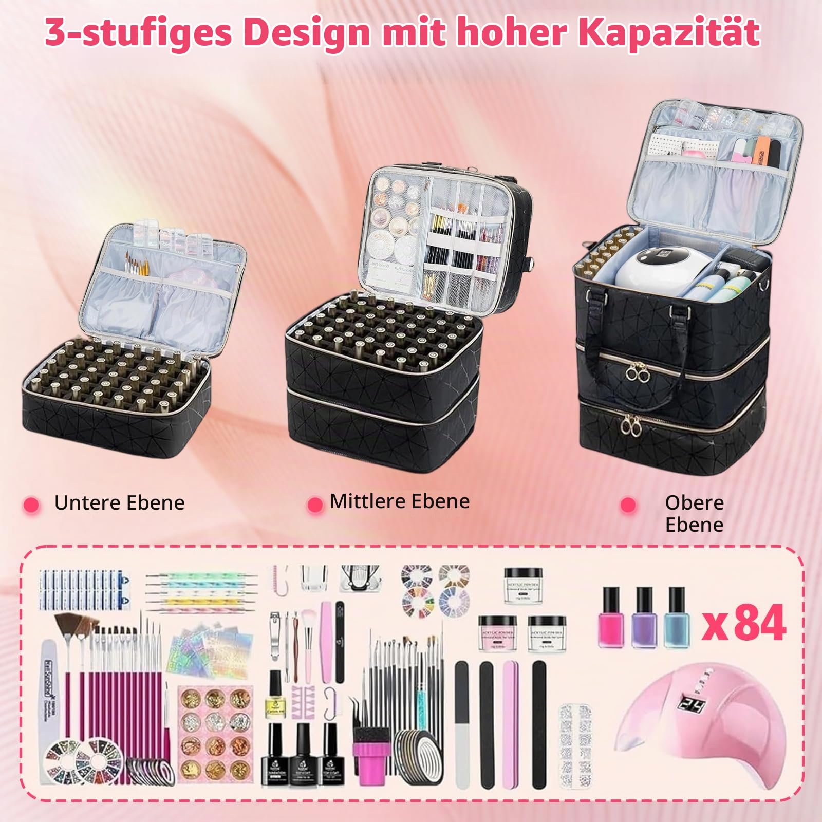3-Tier Nagellack Aufbewahrung Organizer für 84 Flaschen mit LED Fach