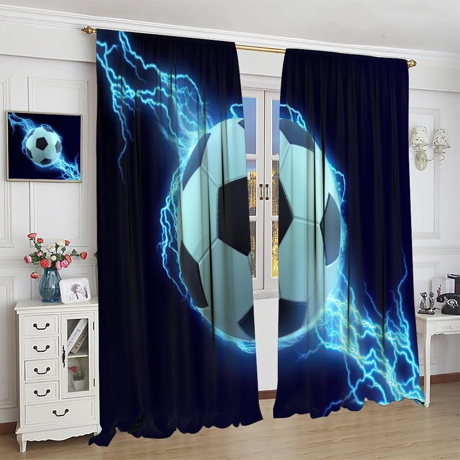 Sports Soccer Ball Blackout Window Curtains, Blue Lightning Soccer Sports Theme Rod Pocket Curtains, for Kids Boys Girls Teens Bedroom Living Room 21(W)*45(L) 2 Panels