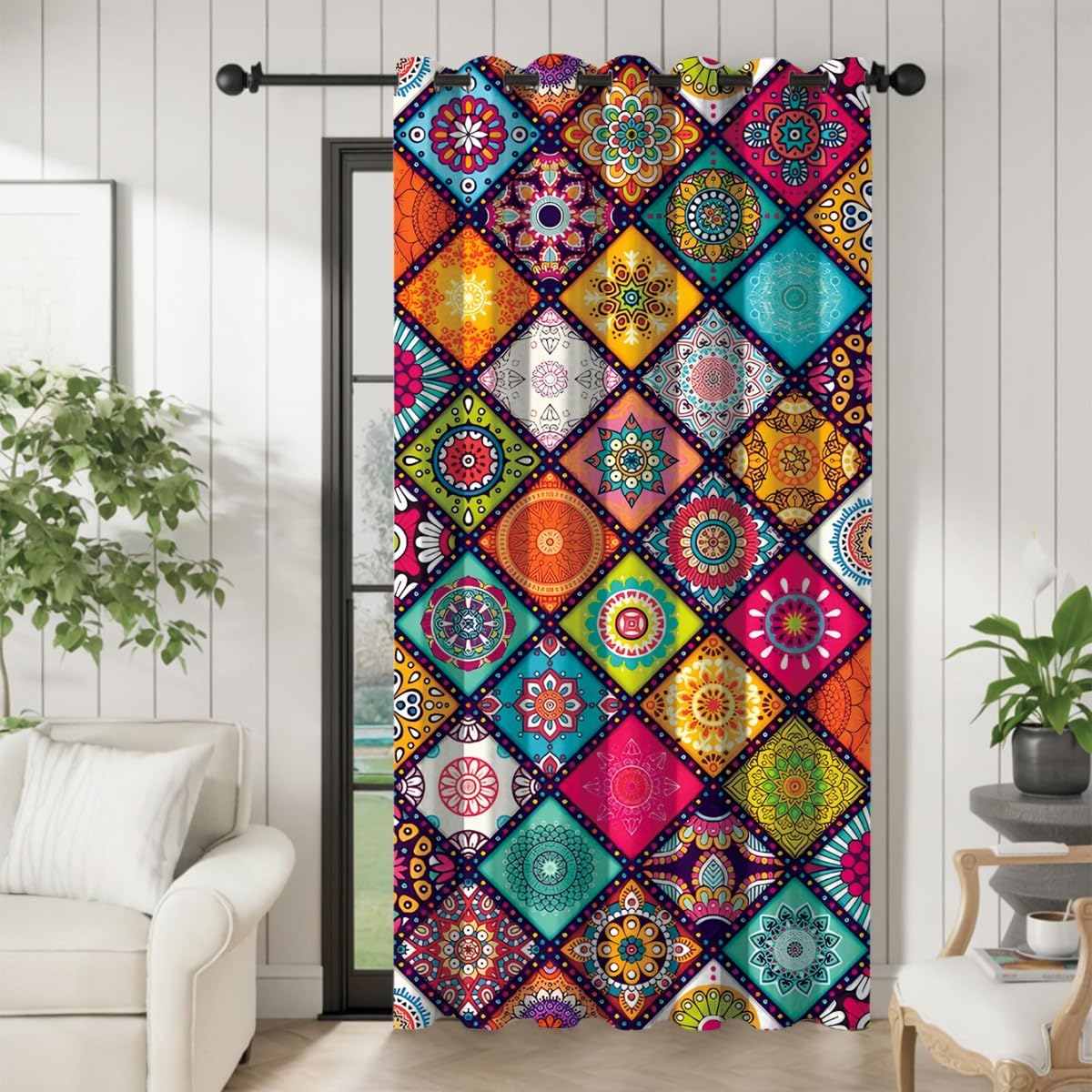 Tenda oscurante per porta, stile mandala, stile bohémien, floreale, in poliestere, tenda oscurante con tasca per bastone, divisorio per la privacy, per soggiorno, camera da letto e balcone