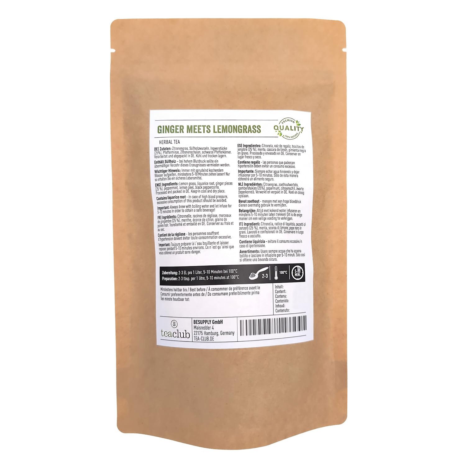 TeaClub Ayurvedischer Kräutertee Lose 500g – Ingwer Zitronengras Herbal Tea | Koffeinfreier Ayurveda-Tee, Ingwer, Zitronengras & Süßholzwurzel, natürliche Süße, Süßholzwurzel Tee Mischung glutenfrei