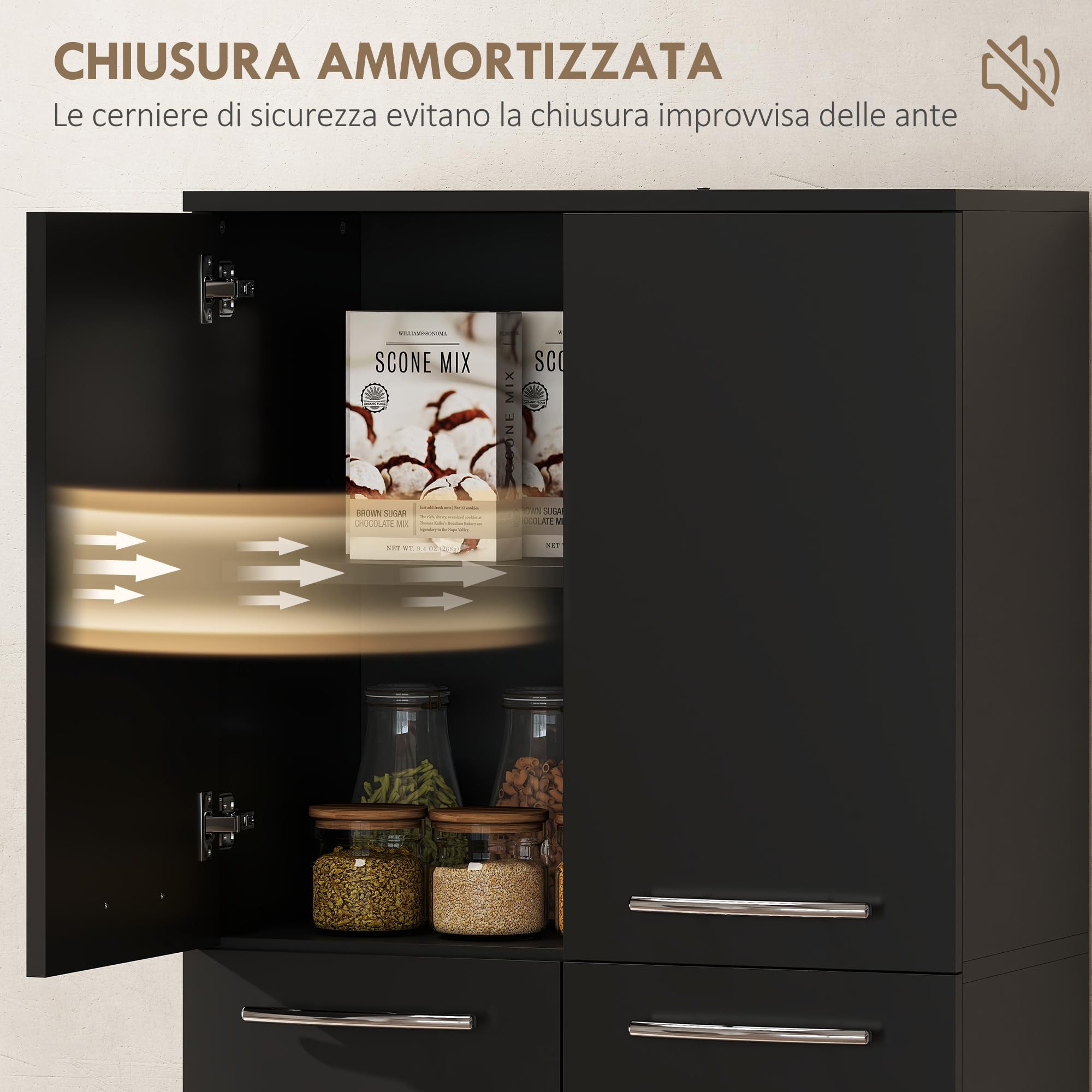 HOMCOM Credenza Cucina, Mobile Dispensa con 2 Armadietti, Mobile Cucina con Ripiani Regolabili in MDF, per Sala da Pranzo, Soggiorno, Salotto, 59x31x155 cm, Nero