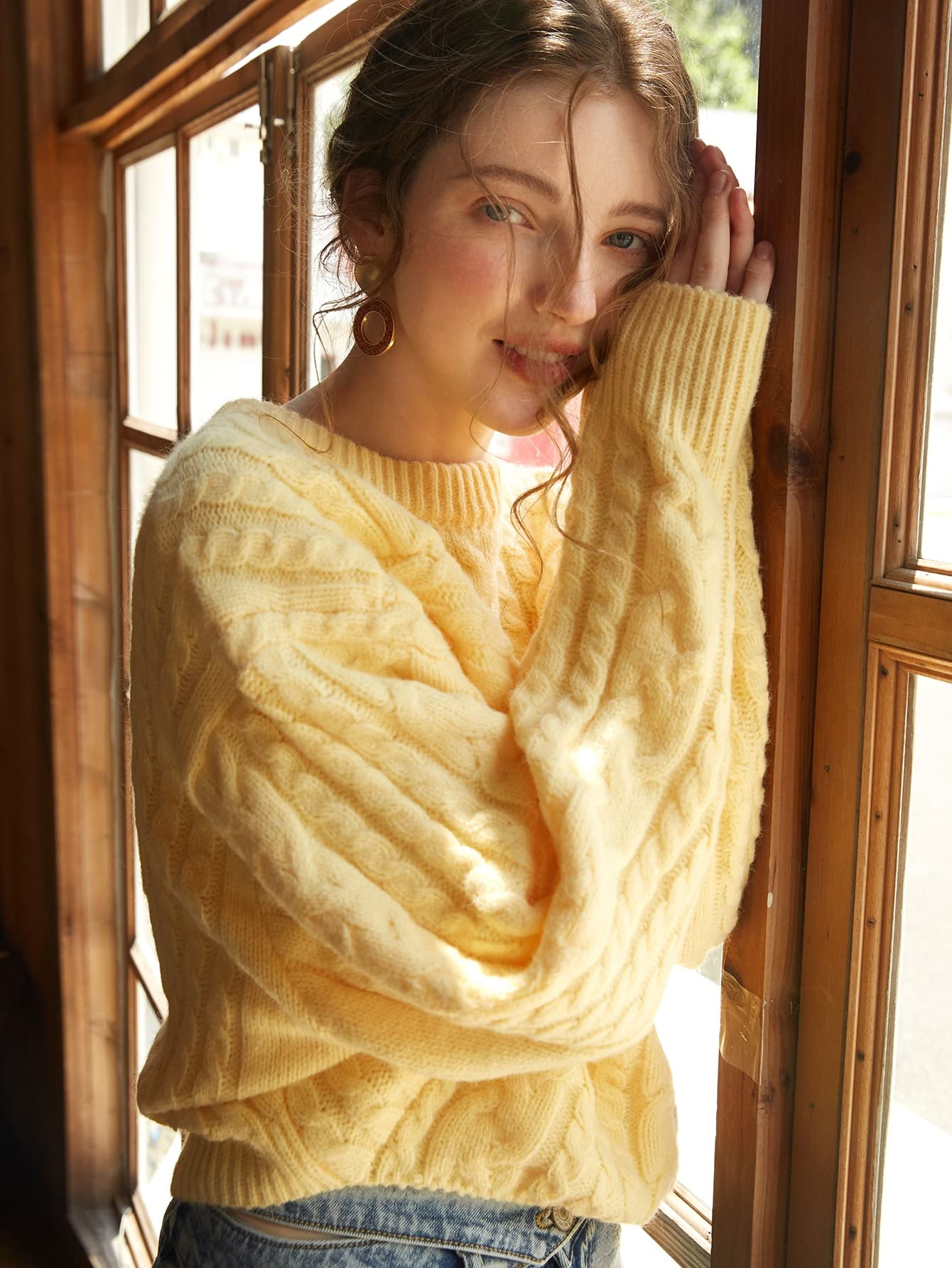 Amazon.com: Neeno Knit Mix Drop Shoulder Cable Knit Sweater (Color