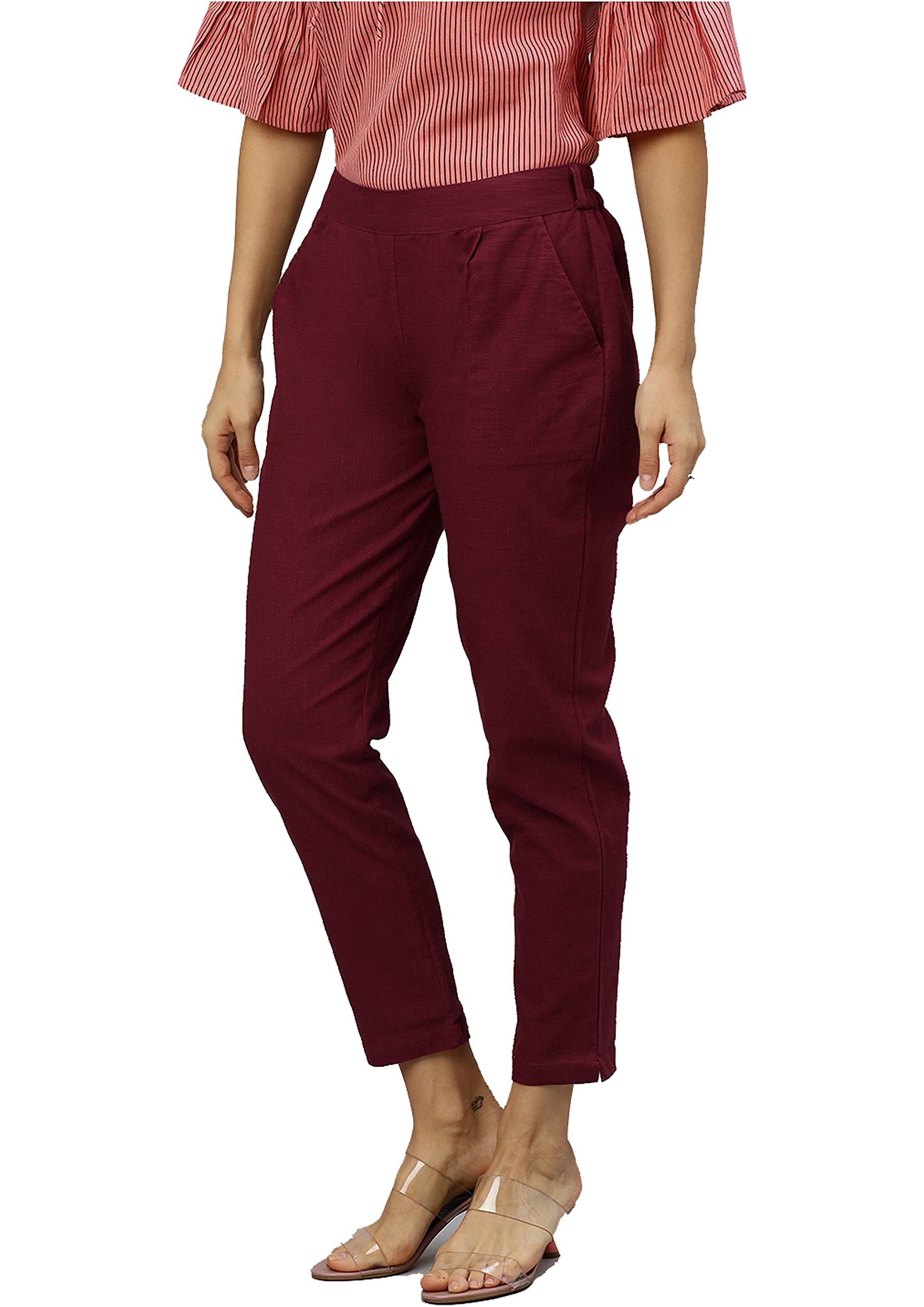 Yash GalleryWomen's Regular Fit Mid Rise Solid Cotton Slub Ankle Length Regular Trouser Pant