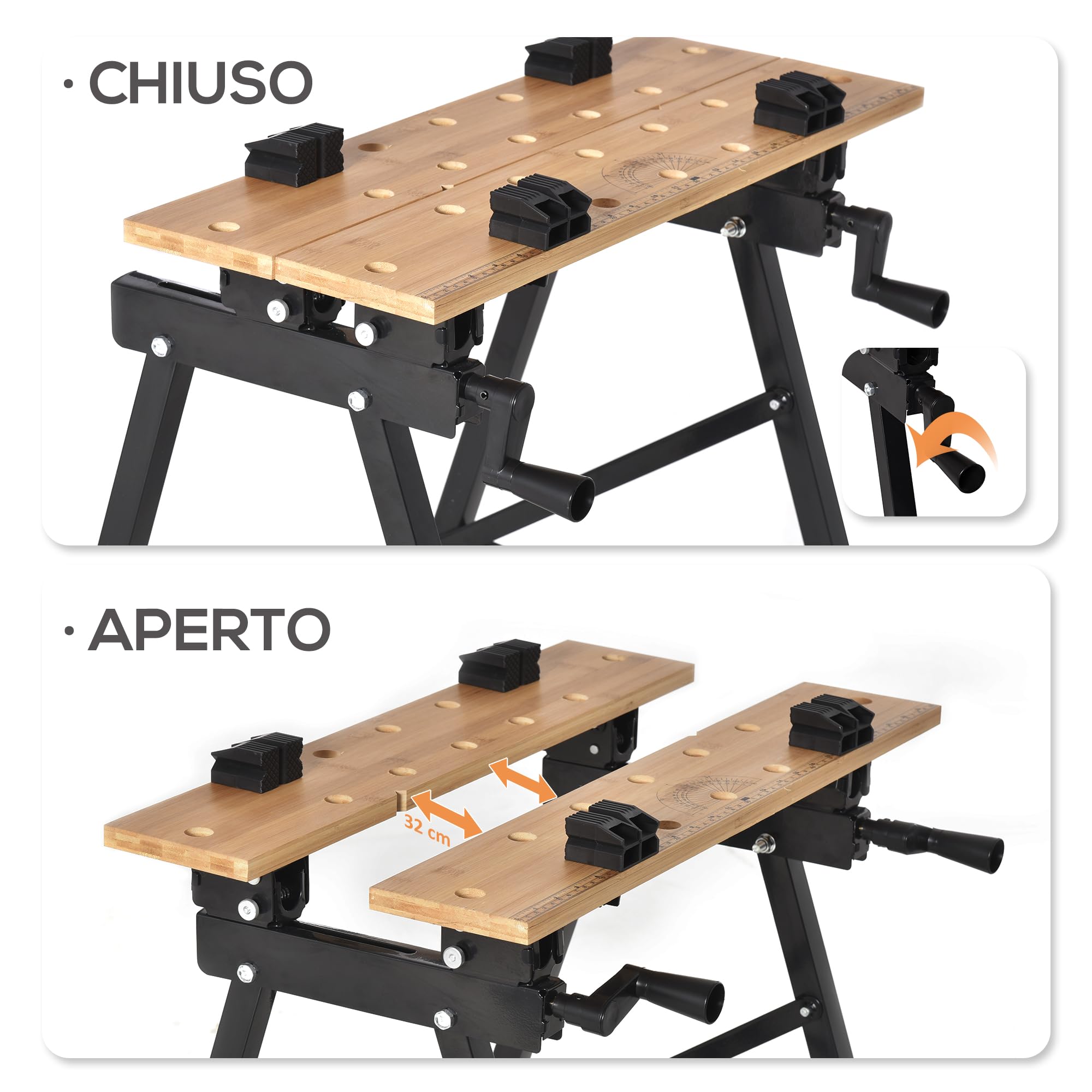 HOMCOM Banco da Lavoro Pieghevole 4 Morse Portata 150 kg Nero e Legno | Riga e Goniometro, Tavolo da Lavoro Regolabile e Portatile, per Casa e Fai da Te