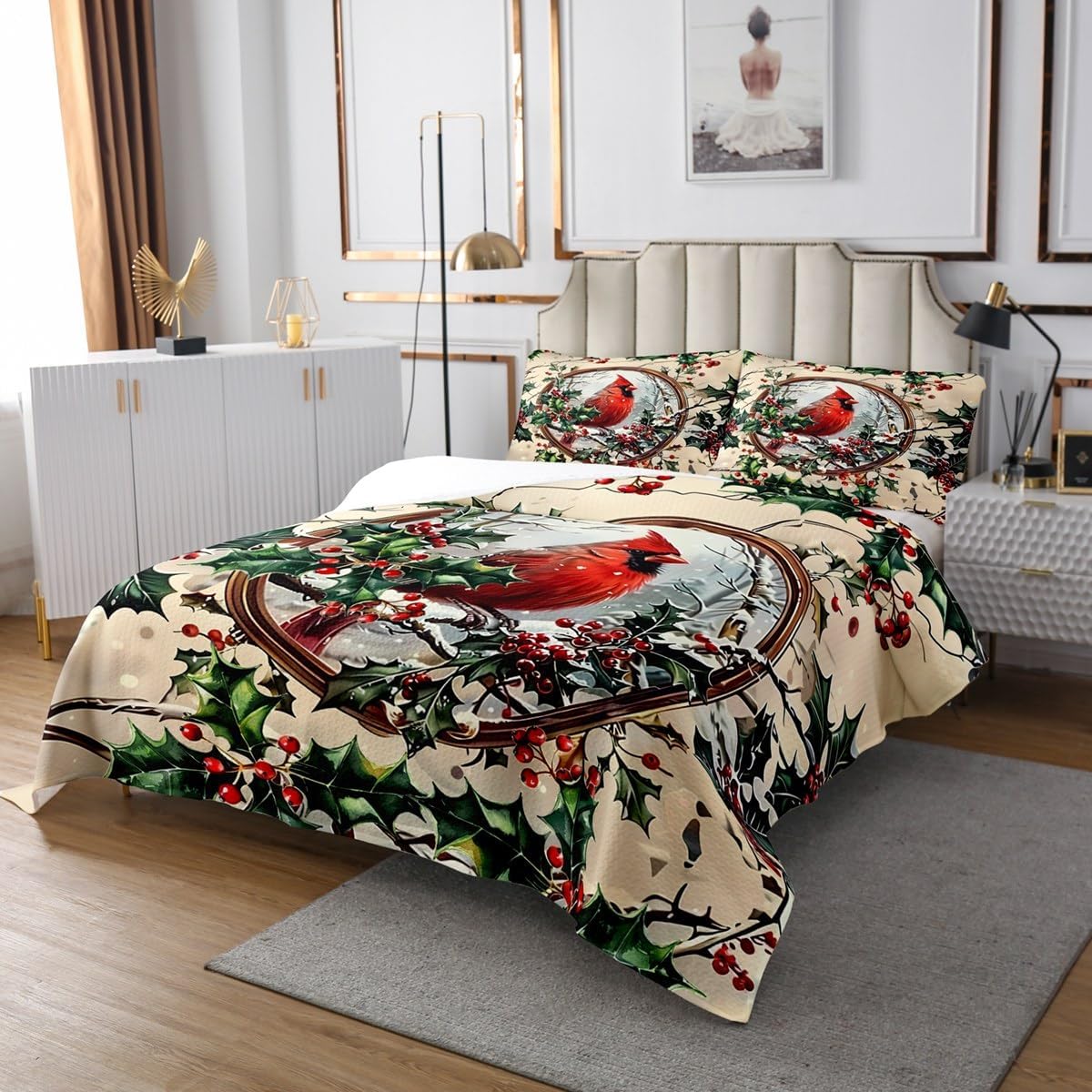 Erosebridal Christmas Cardinal Coverlet Set Queen Winter Xmas Pine Leaves Snowflakes Bedspread Merry Christmas Bird Animal Quilt Set for Kids Adults,Winter Holiday Bedding Quilted