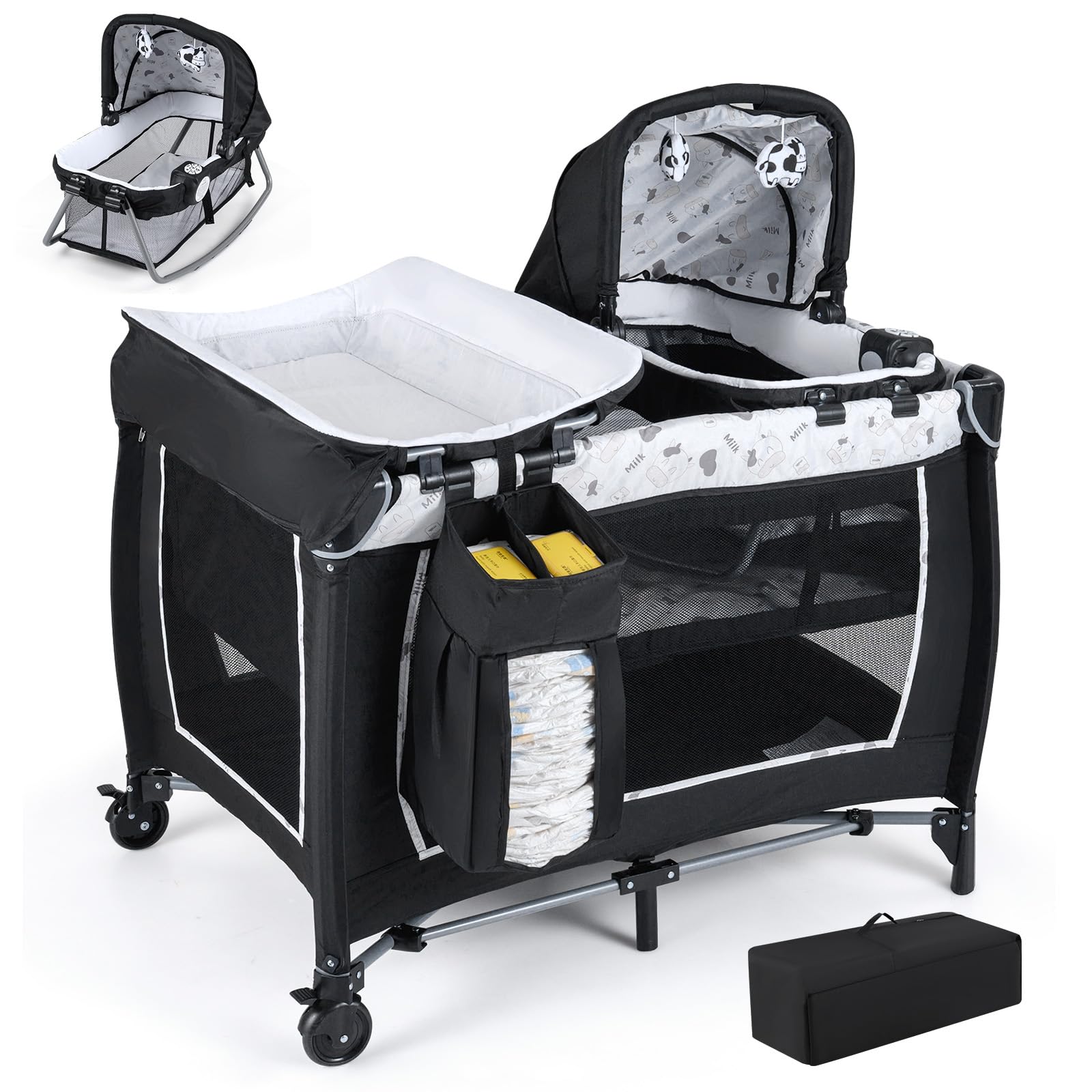 COSTWAY Culla Campeggio Bambini 5 in 1, Lettino Viaggio Neonati Pieghevole con Materasso, Fasciatoio e Tettoia, Box Portatile con Ruote, 2 Giocattoli Appesi e Carillon, per Bambini 0-3 Anni (Bianco)