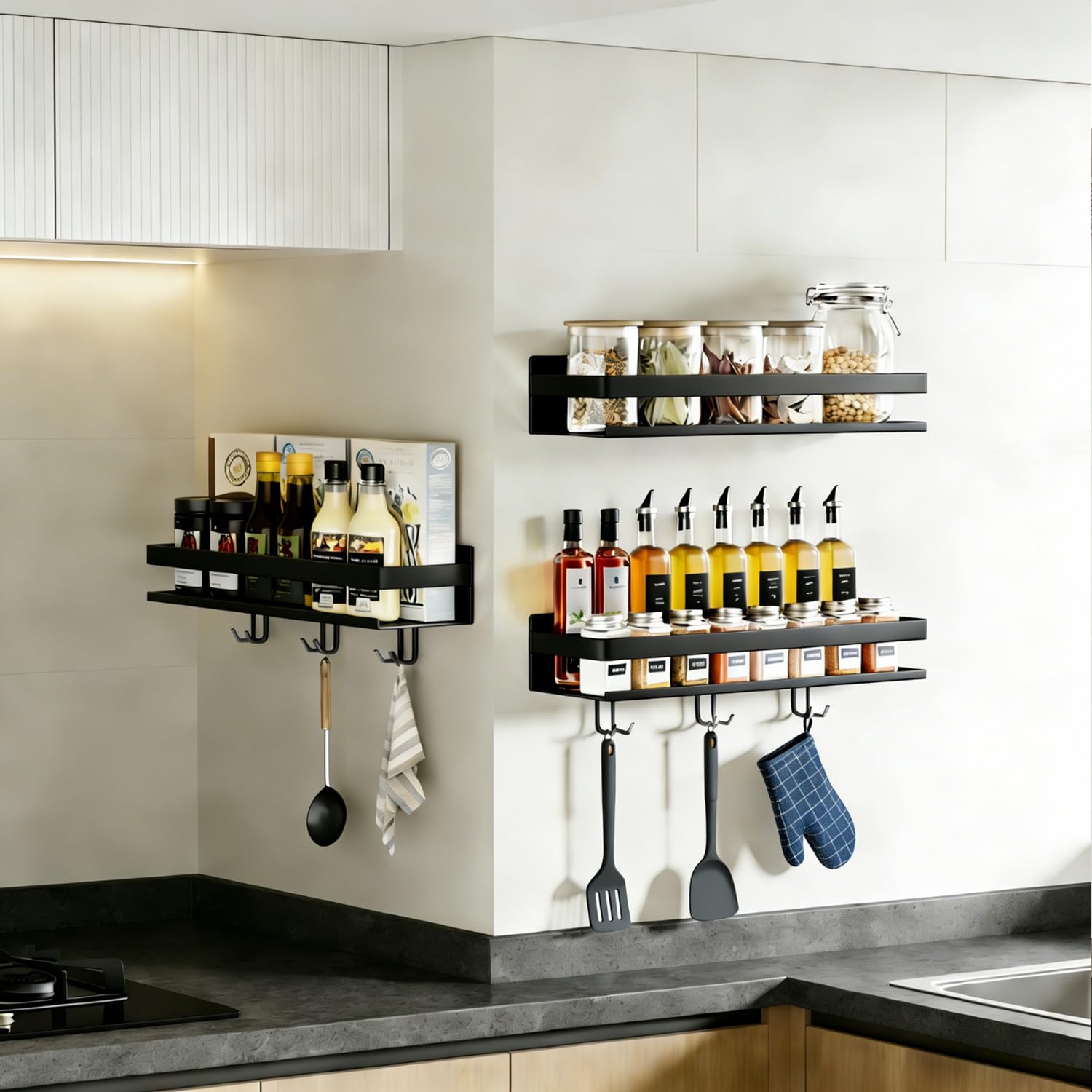 Paquete de 2 especieros de pared de 40 cm sin taladrar, con 6 ganchos, estante de almacenamiento de cocina, organizador de baño, estante colgante para balcón, color negro