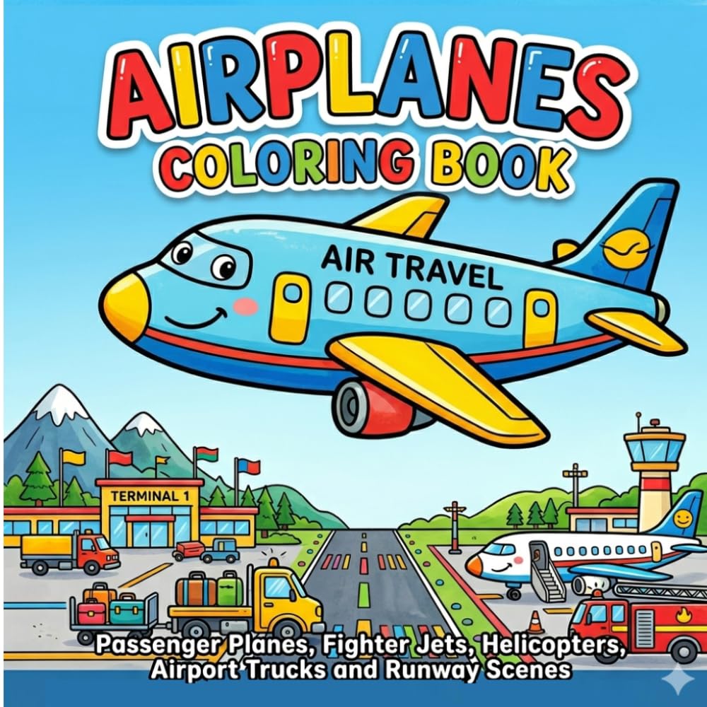 Airplanes Coloring Book: Passenger Planes, Fighter Jets, Helicopters, Airport Trucks and Runway Scenes Easy Coloring Pages with Bold Thick Lines for Kids (My First Vehicle Coloring Series)