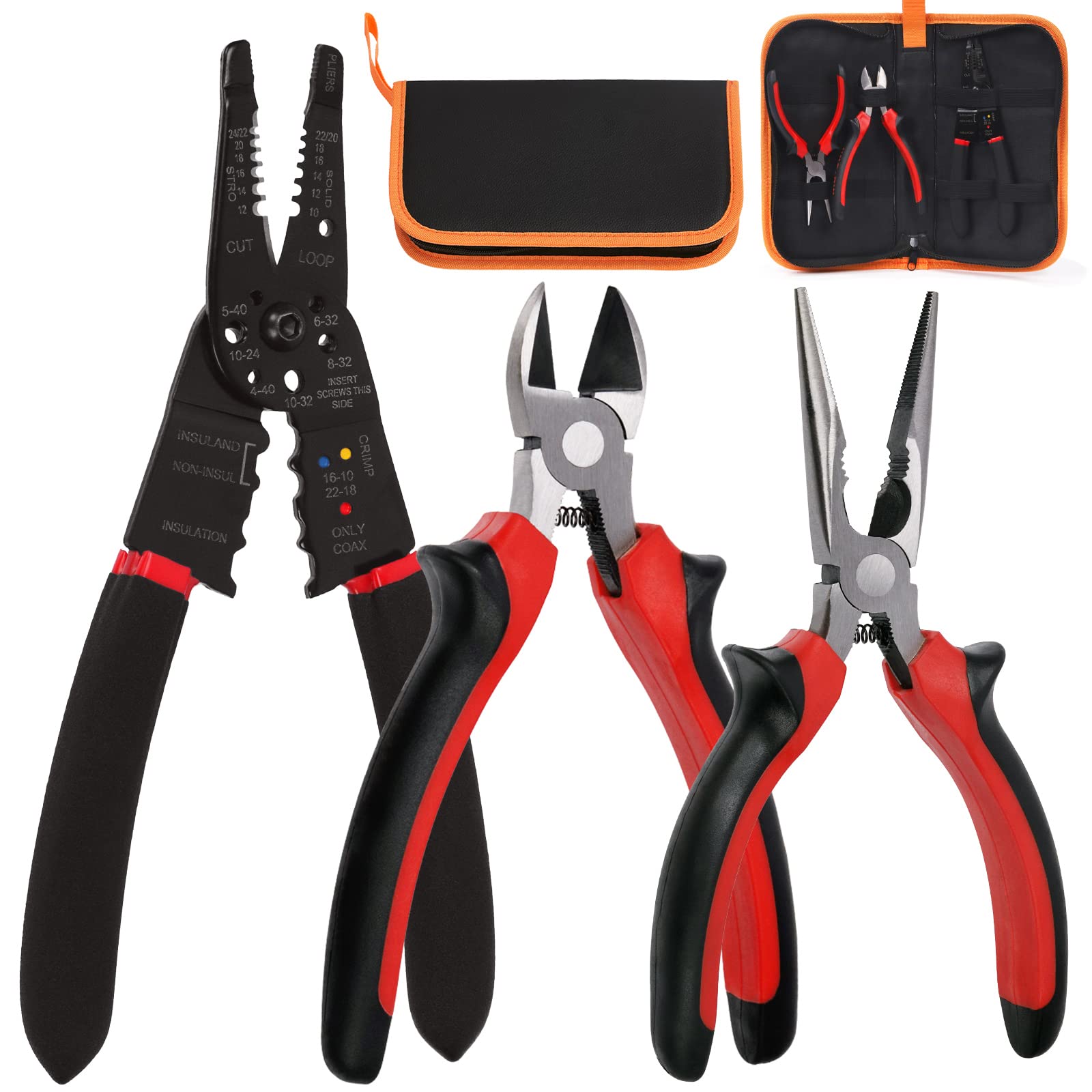 3Pcs Pliers Tools Set, 8" Wire Stripper Tool 6" Diagonal Cutting Pliers 6" Long Nose Pliers Electrical Pliers Tool Set for Electrical Wire Cutting, Repairing, DIY Projects