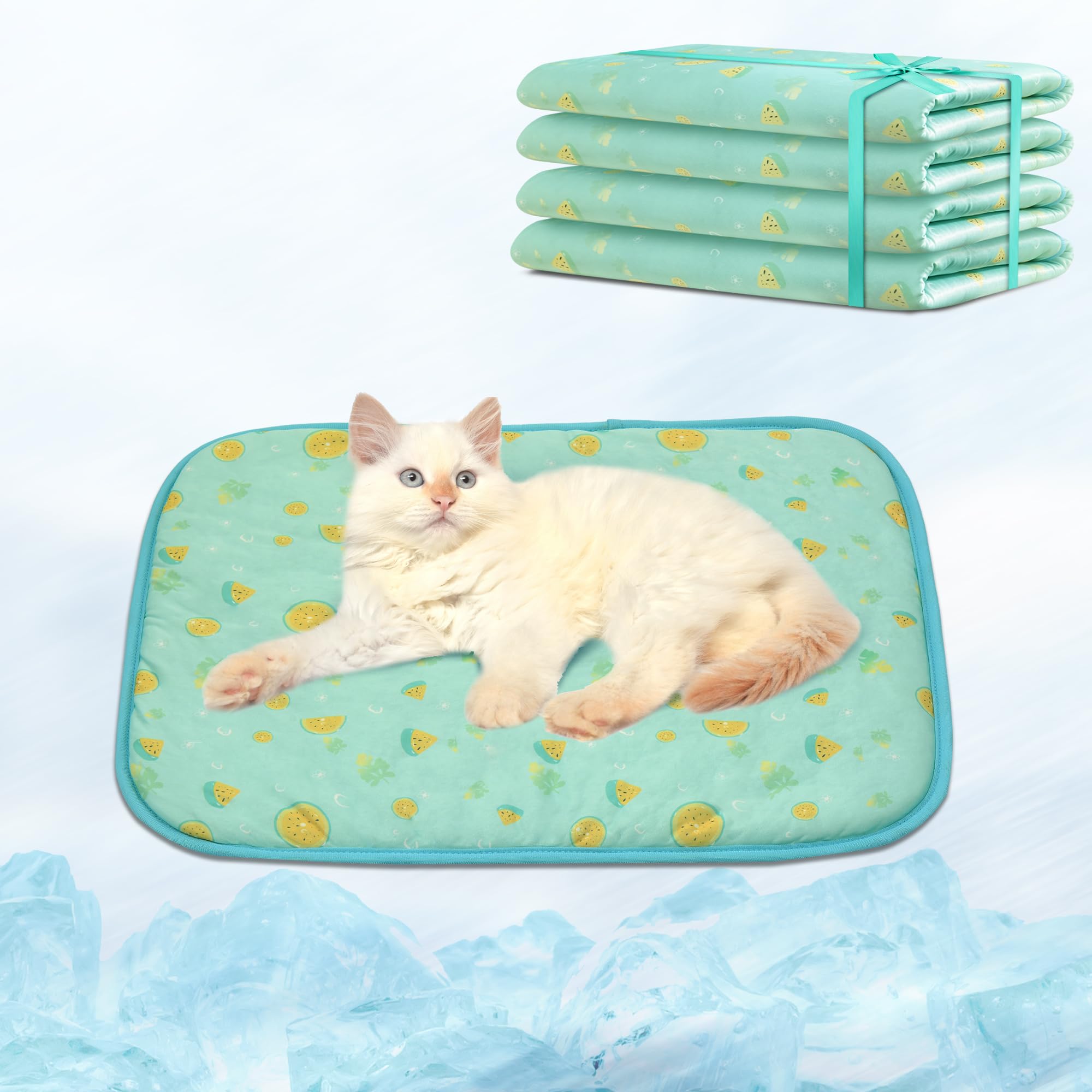 NWK 4pcs Dog Cooling Mat Ice Silk Cooling Mat for Dogs & Cats Portable & Washable Pet Blanket, Car Seats, Beds for Summer (Small (20'' x 16'' x 0.3''), Green Fruit)