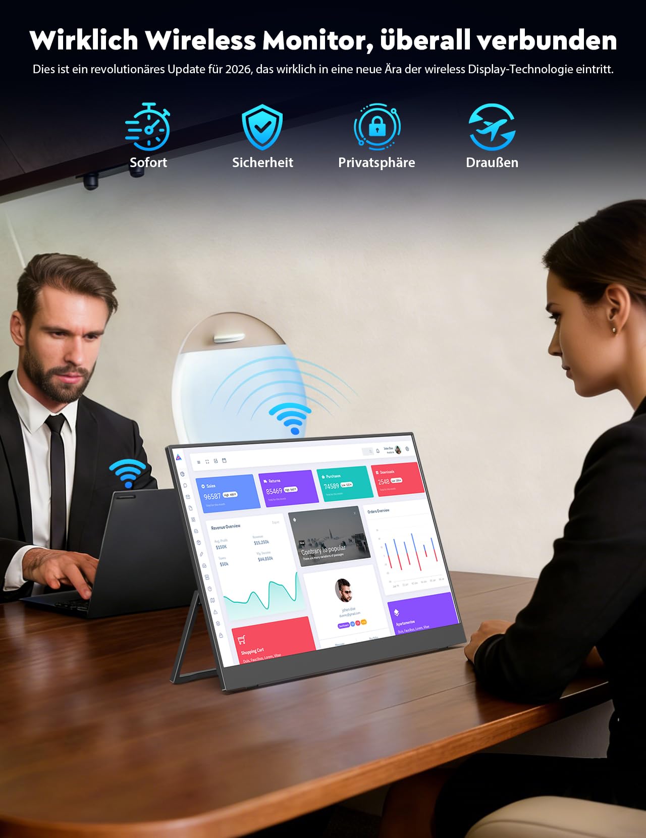 MAGICRAVEN 16" 2.5K Kabelloser Portable Monitor mit 8000-mAh Akku, 1600P Tragbarer Monitor, Laptop Bildschirm Erweiterung, Mobiler Monitor IPS Screen, Unterstützt AirPlay/Miracast,für Laptop/Telefone