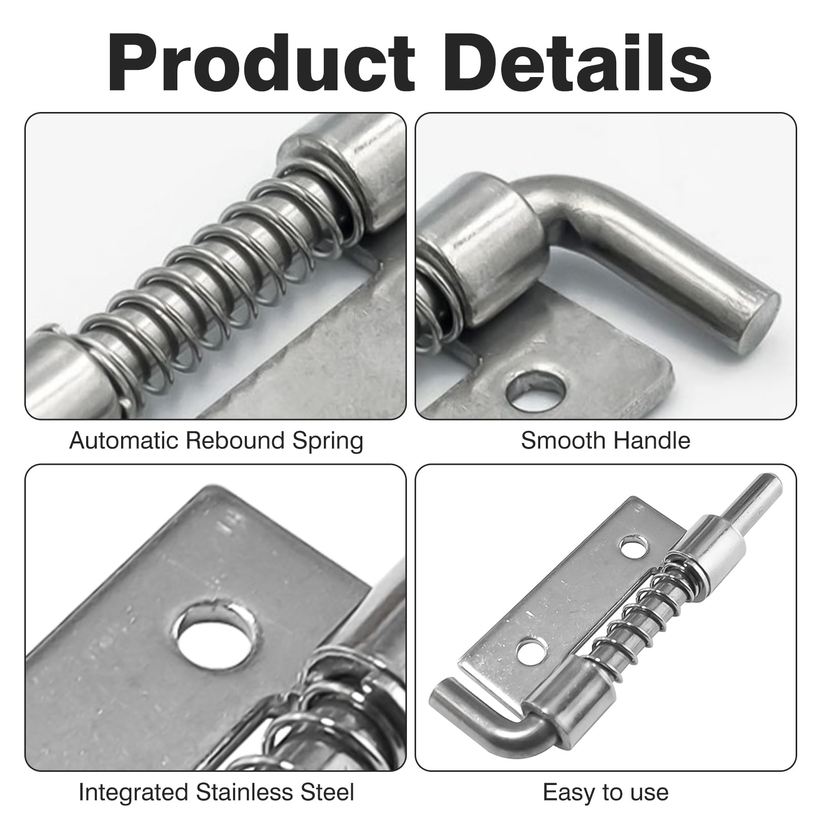 4 perni a molla caricati, chiusura a molla in acciaio inox 304 con foro bloccato sul lato sinistro, serratura compatta, bullone a molla per contenitori, armadi o porte (52 mm, argento)