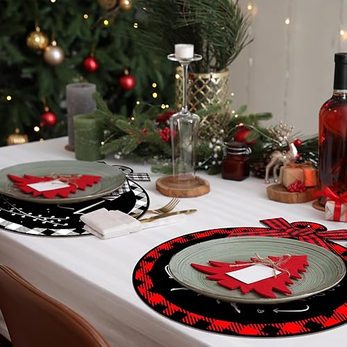 Miniatura 6 de Paquete de 100 manteles individuales desechables de Navidad a cuadros, redondos de Navidad, de 13 pulgadas de diámetro, con lazos para mesa de