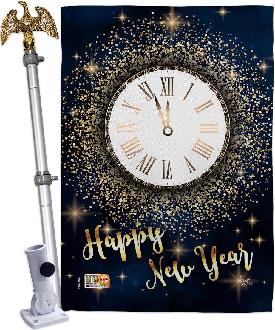 Countdown New Year House Flag Dowel Set Clock Champagne Party Fireworks Celebrate Small Decorative Gift Yard Banner Double-Sided Made In USA 28 X 40