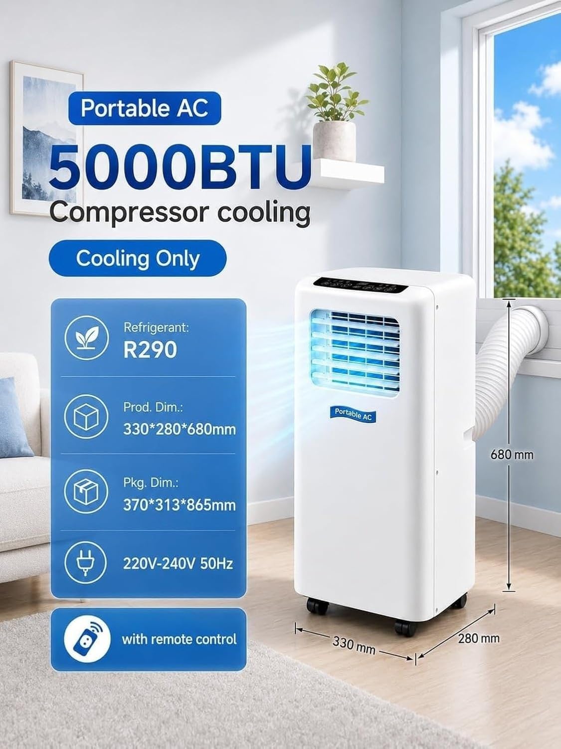 Aire Acondicionado Portátil 9000 BTU 4-en-1 Ventilador Deshumidificador Pantalla Digital Temporizador 24H para Habitaciones hasta 20 m², (5000btu), (5000BTU)