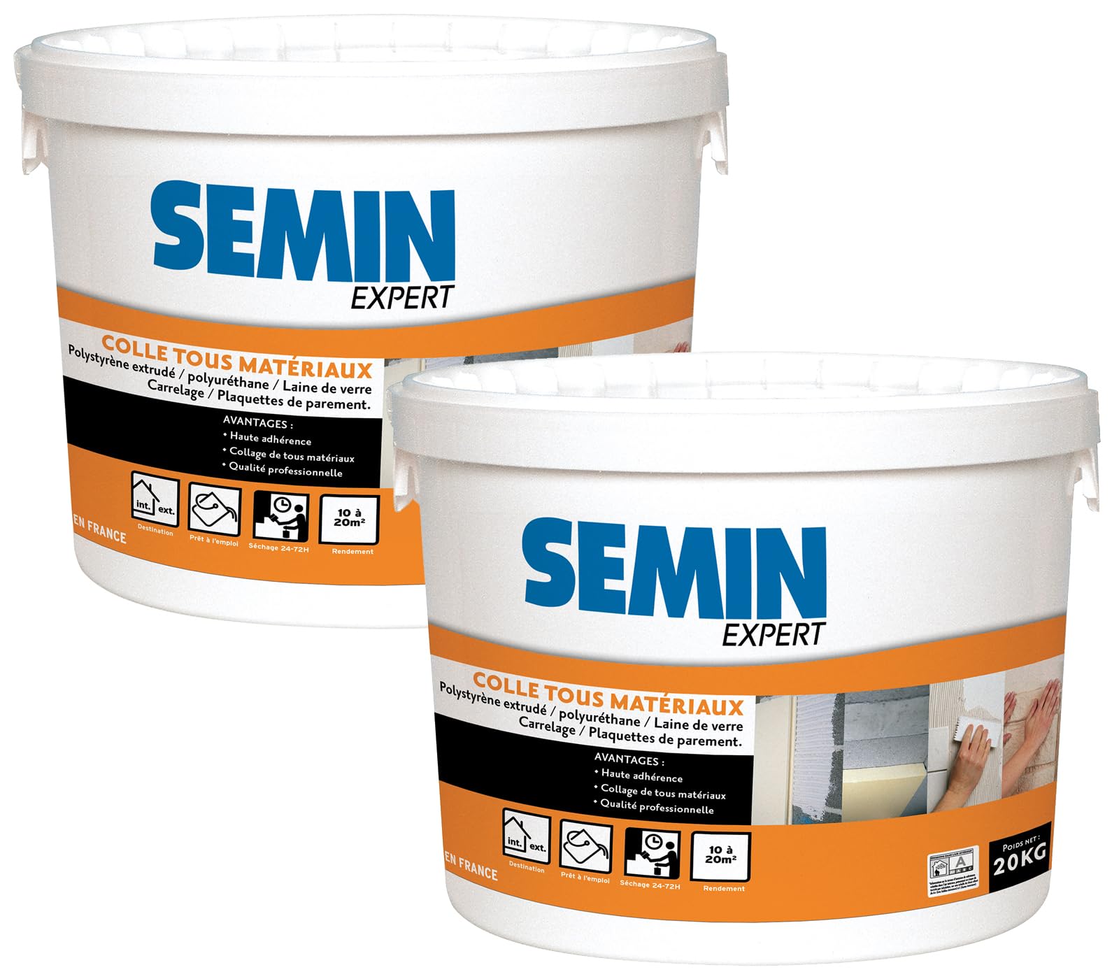 SEMIN Colle Tout Matériaux – 2 X 20 kg – Haute Adhérence Sans Solvant – Prête à l'Emploi – Intérieur/Extérieur – Polystyrène, Liège, Laine de Verre, Carrelage et Plaquettes de Parement