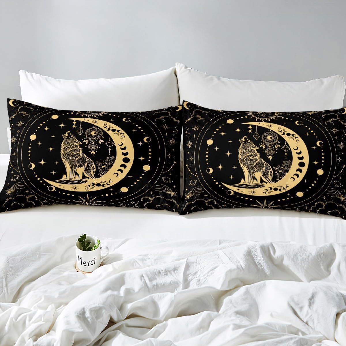 Wolf Duvet Cover Set Queen Size,Sun and Moon Bedding Set,Tribal Dream Catcher Comforter Cover 3Pcs for Kids Girls Boys Adult Bedroom Decor,Black Gold Starry Sky Galaxy Cloud Quilt Cover,2 Pillowcases