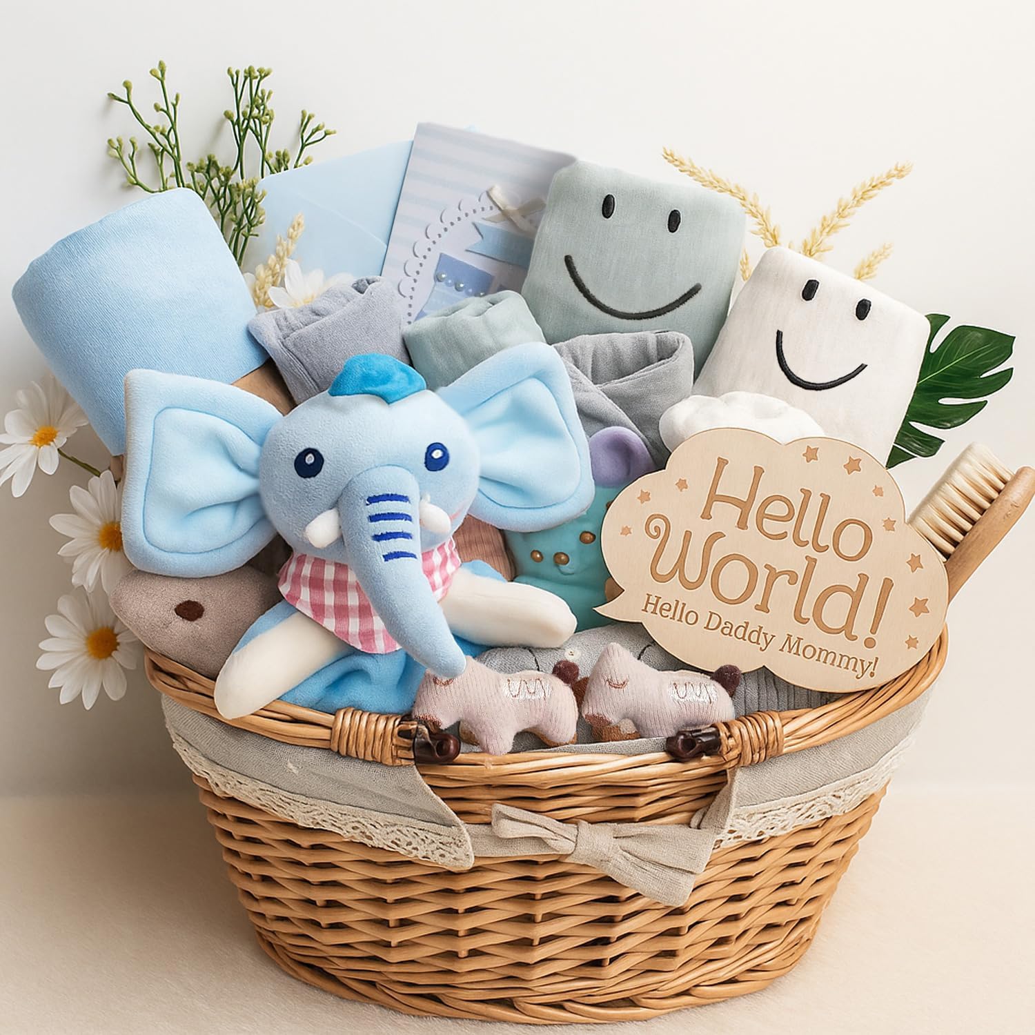 Baby Shower Gifts For Boys,Unique Gifts For Newborn Baby Boy,Large Baby Boy Gift Basket Set Essential Stuff,Baby Boy Gifts Basket Includes Blanket,