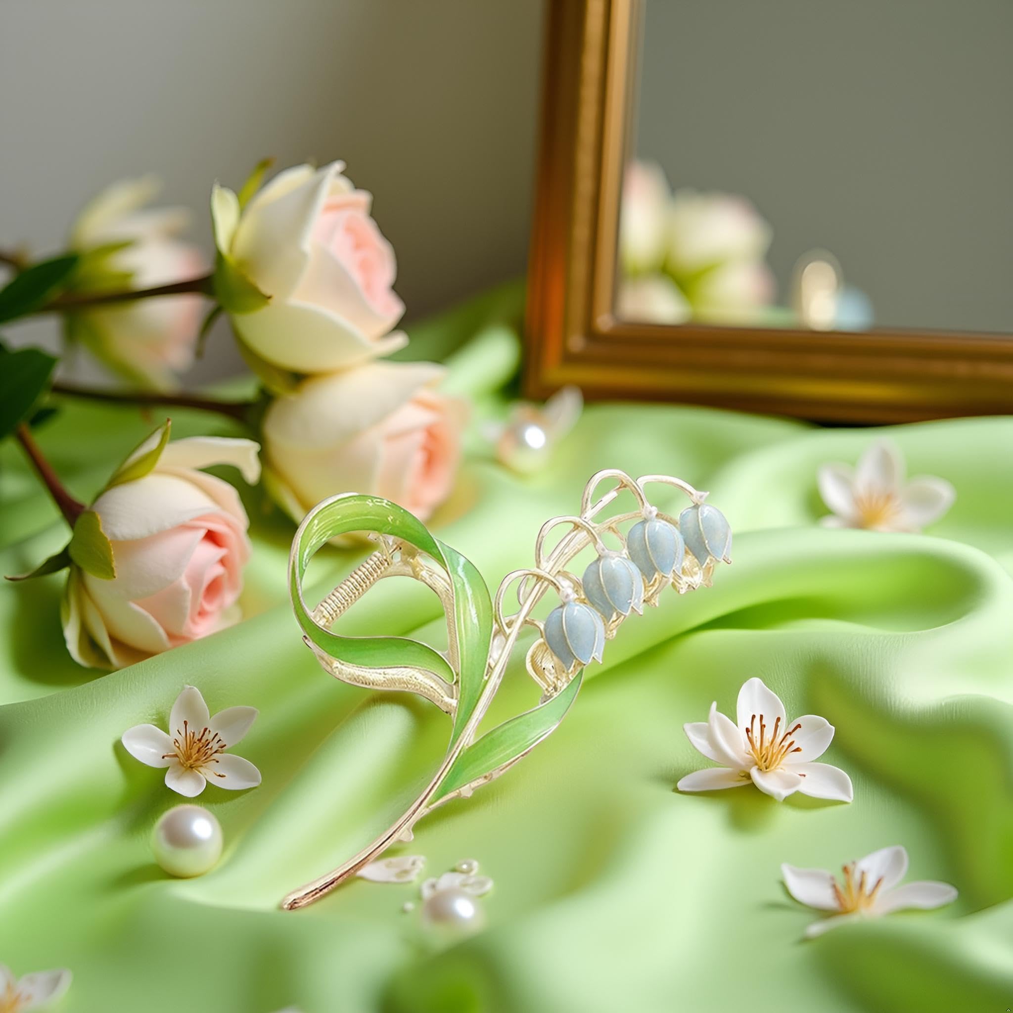 Elegant Satin Ribbon Rose & Lily of the Valley Wedding Hair Clip Set Pink Lily of the Valley Barrette Set2, Pink Lily of the  main image 2