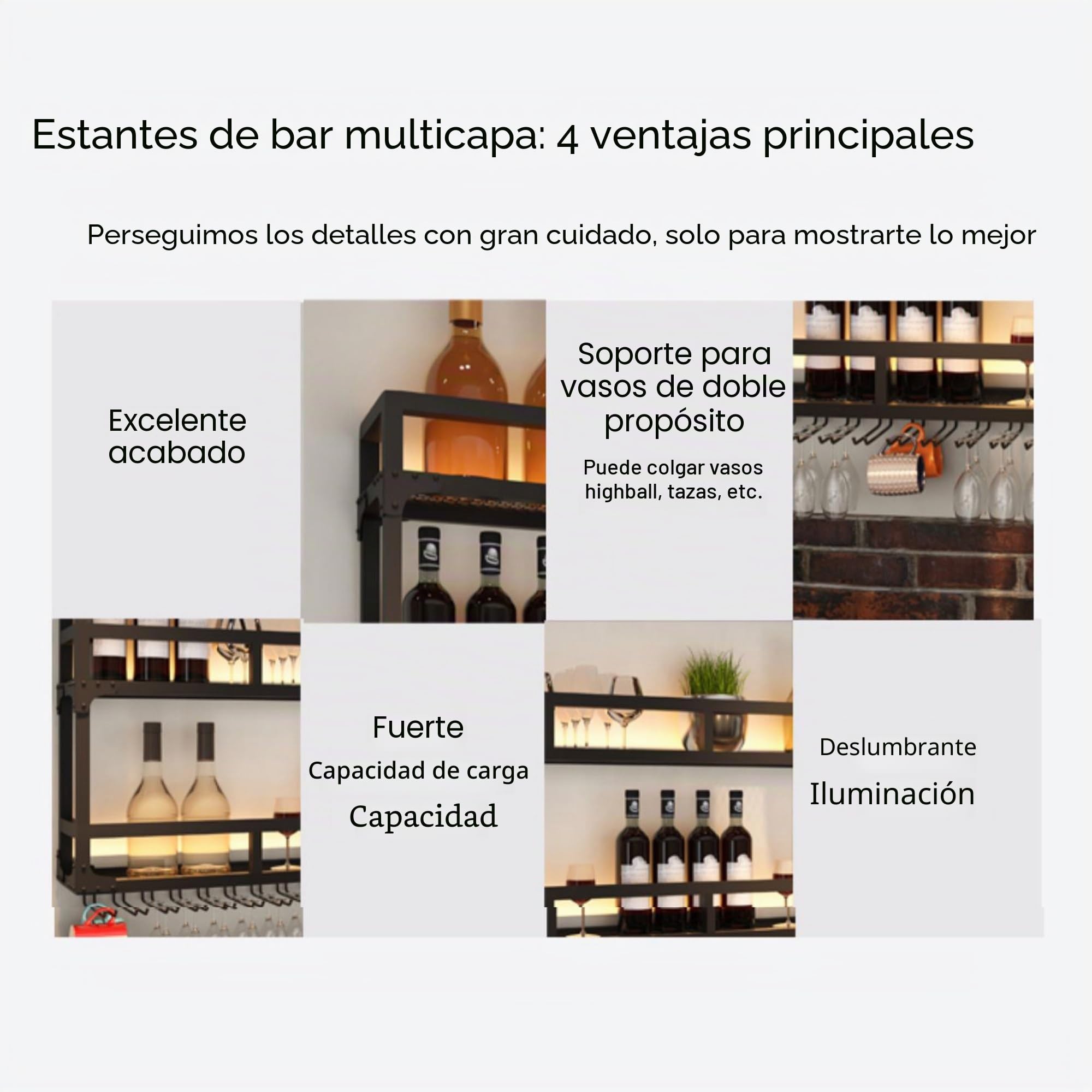 Botellero Vino de Pared Mueble Bar Garrafeira de Vino Wine Rack Estanterias Colgantes con Soporte Copas Colgante y Luz LED para Salon Barra para Bar Mini Bar para Casa Sala de Estar y Cocina(Nero,150c