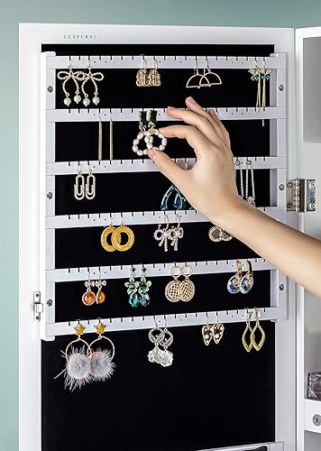 Miniatura 5 de LUXFURNI Armario de joyería con luz LED espejo de pie organizador de almacenamiento grande con cerradura con cajones blanco