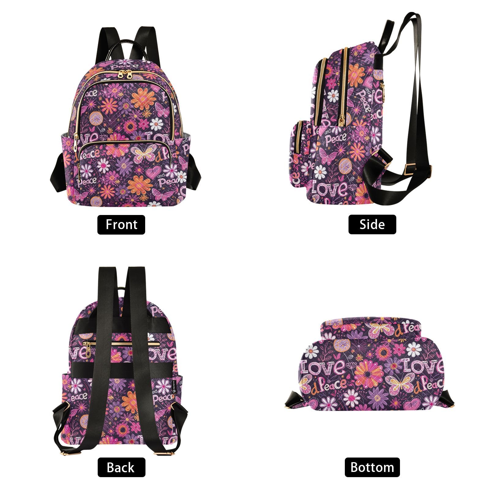 CHIFIGNO Purple Hippie Flowers Purse Backpack for Women Cute Mini Backpack Travel Back Pack Lightweight Anti Theft Adult Backpack Medium Size