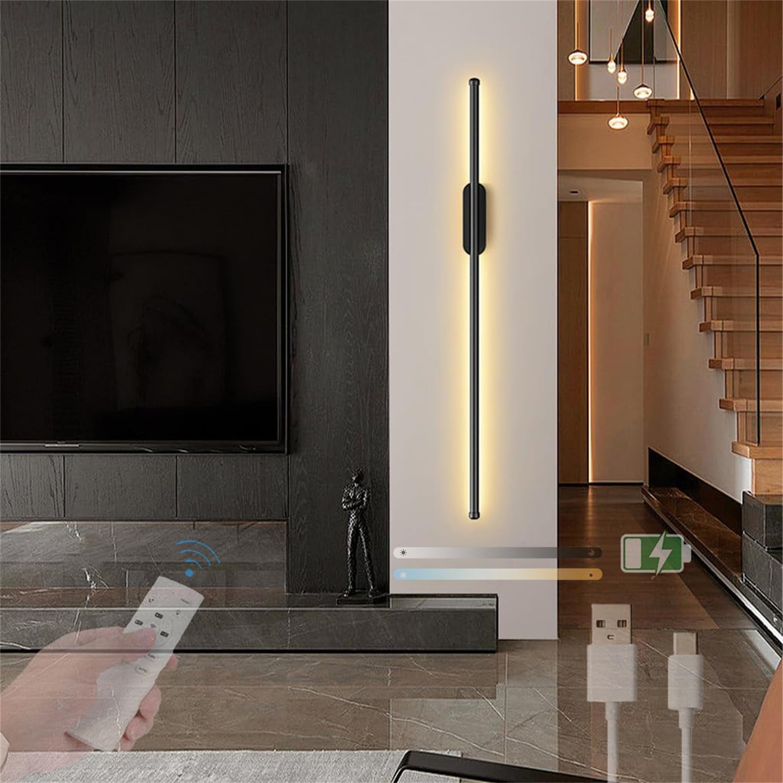 Lampada da Parete a LED per Interni con Telecomando, luci dimmerabili 2700K-6500K 10%-100%, Applique Wireless Ricaricabili Tramite USB, a Batteria, Illuminazione Moderna in Metallo