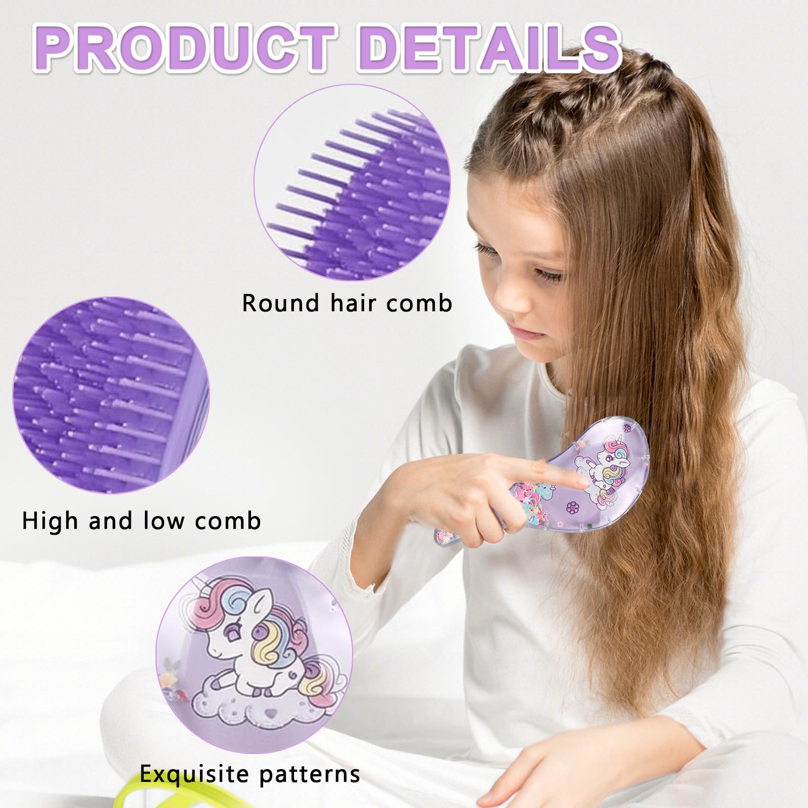 Juego de cepillos para el pelo de bebé para niñas, kit de peine desenredante con temática de unicornio rosa con peines de cola, peine de dientes finos y peine corto para viajes y peinado diario