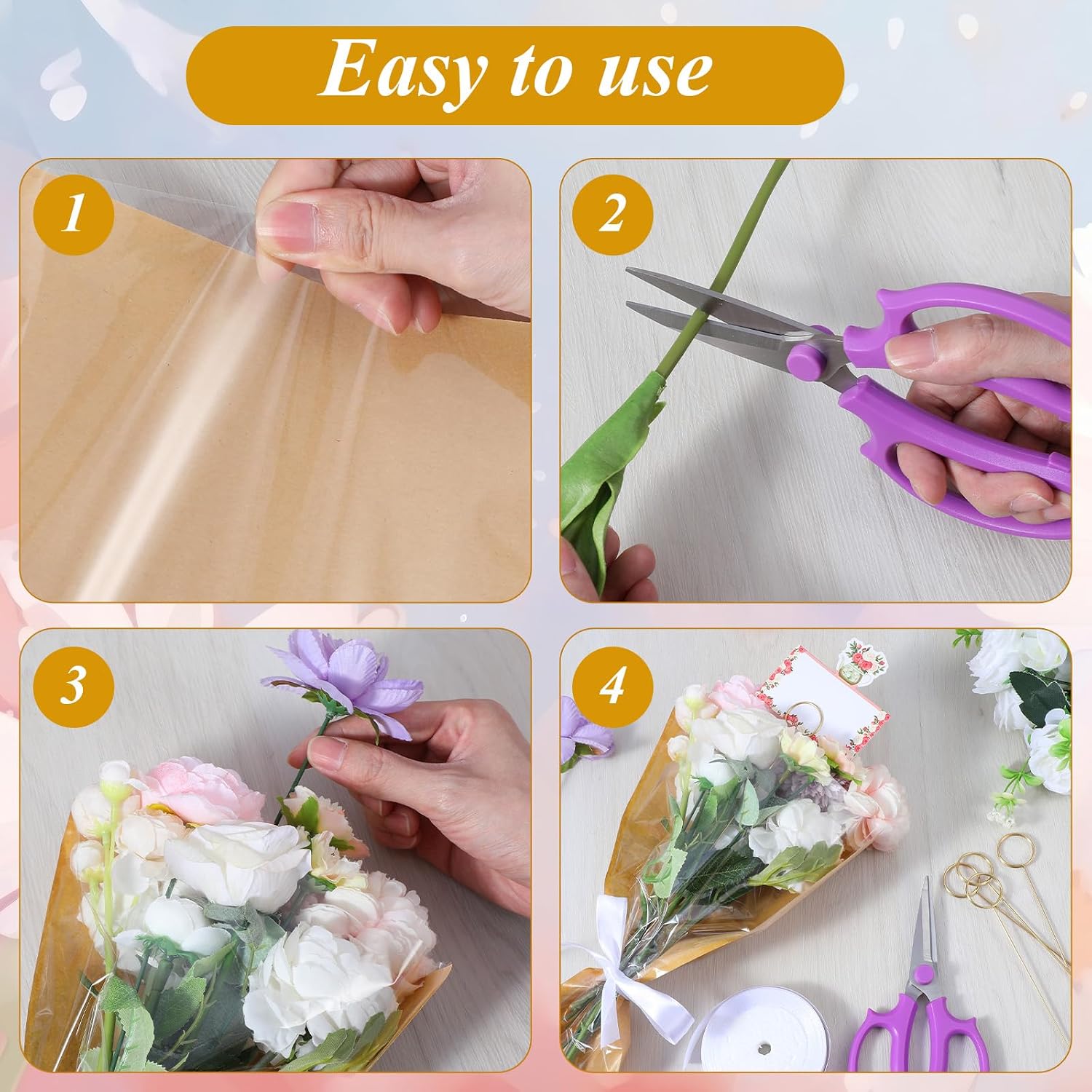 100 Pcs Flower Bags for Bouquets, 9.4 x 18.1 Inch Flower Packing Paper Sleeves with 50 Floral Card Holders, Ribbons and Scissors Floral Packaging Bags for Florist Wrap Supplies, Graduation