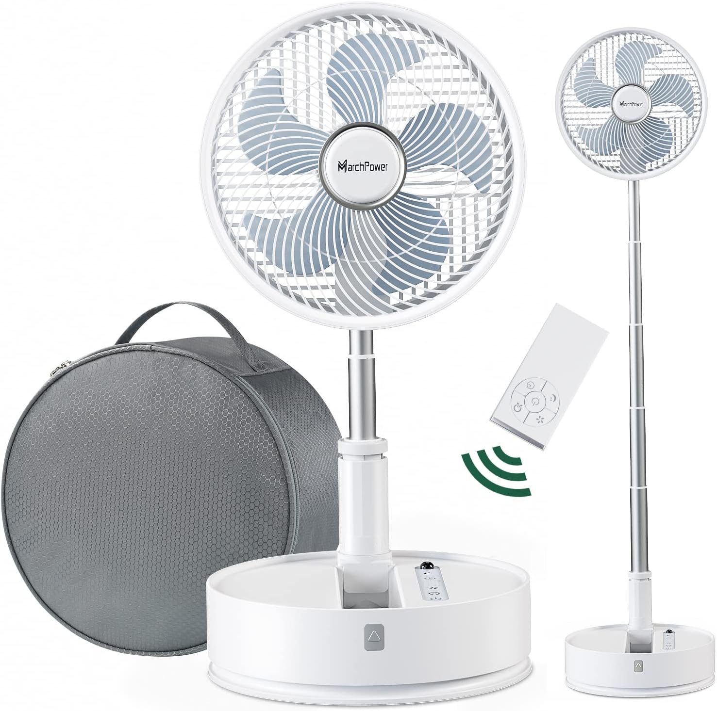 MarchpowerFoldable Portable Fan 10" Rechargeable Quiet Osciallating Pedestal Floor Fan with Remote Timer Set, Cordless Foldaway 5-Speed Collapsible Telescopic Table Fan for Home Office Picnic Camping