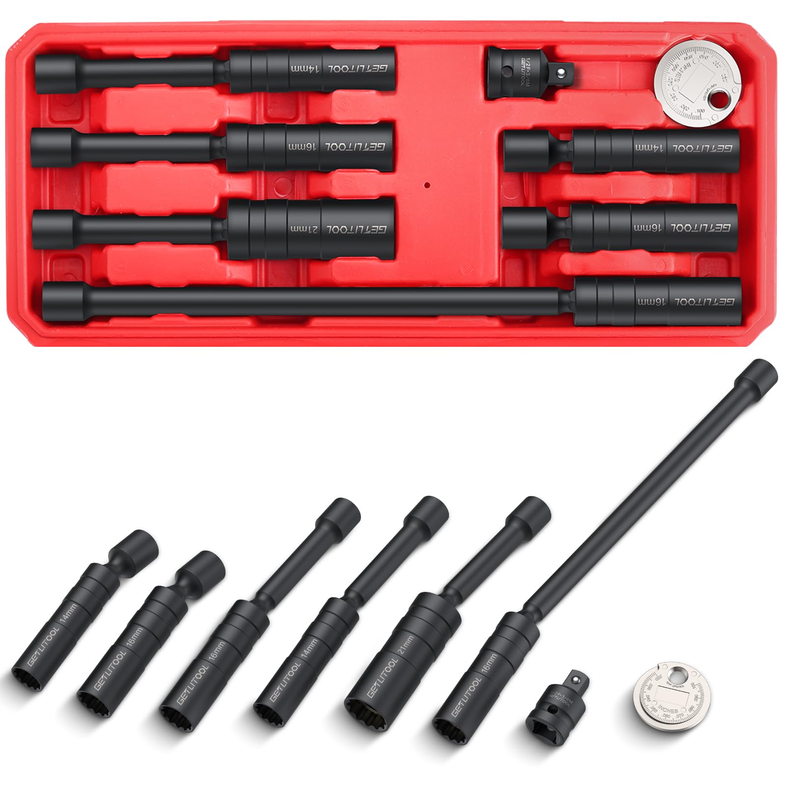 GETLITOOL 6pcs Llave Bujias con Adaptador 1/2" de CRV Durabilidad 14 mm,16mm,21mm