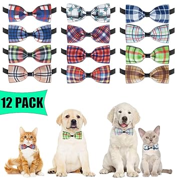 BINGPET Plaid Dog Bow Ties Collar - 12 Pack Adjustable Cat Bow Ties - Pet Bowties Collar for Small Medium Dogs, Puppies and Cats