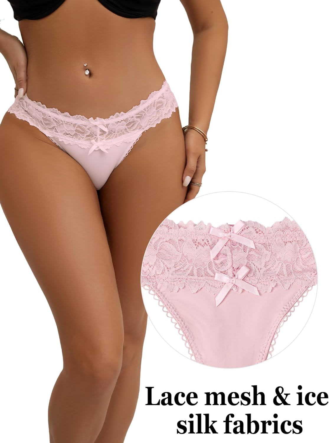 Lace Bow Panties Low Waist Floral Ribbon Brief Sexy Underwear for Women Soft Ice Silk Thong - Image 3