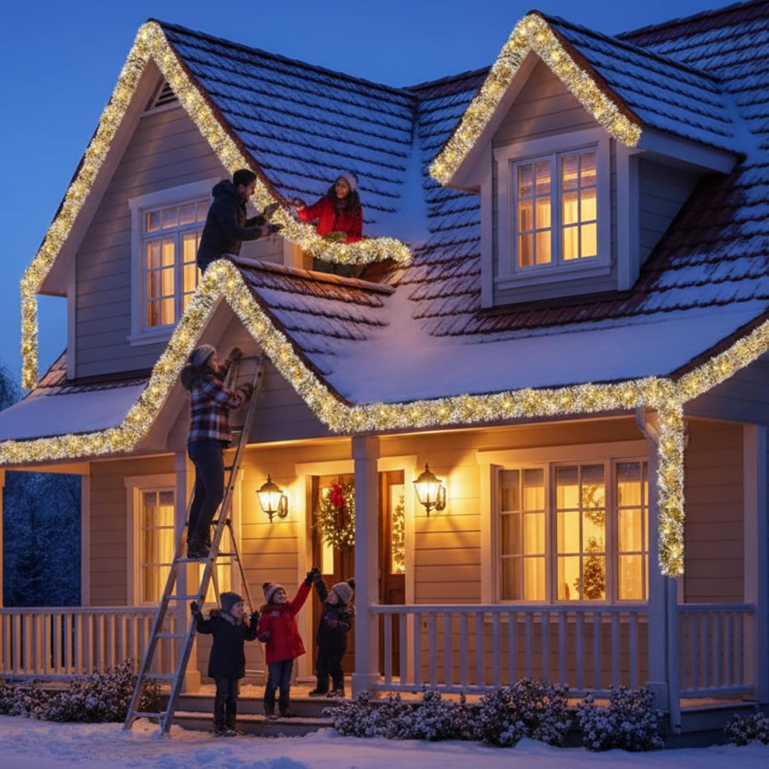 Ceenna 2 Pcs 32.8 ft Christmas Tinsel Garland with 32.8ft 100 LED Lights for Wall Mounted Hanging Xmas Tree Party Christmas Room Decor, Wedding, Birthday, Party Supplies (Gold,Warm White) - Image 2