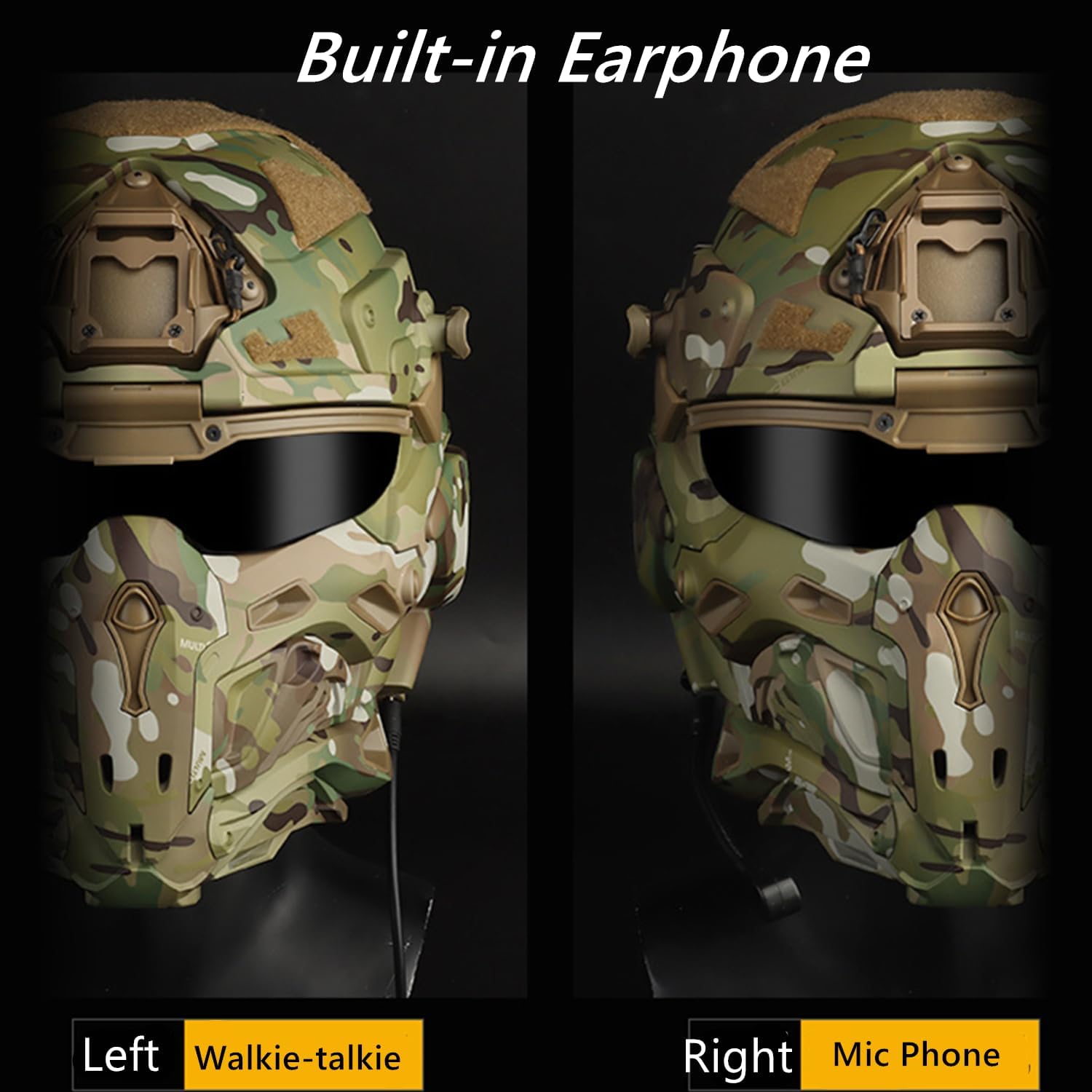 iMeshbean Tactical Airsoft Helmet with Paintball Full Face Mask Built-in Headset Goggles and Anti-Fog Fan for Outdoor CS Hunting Gear, Black