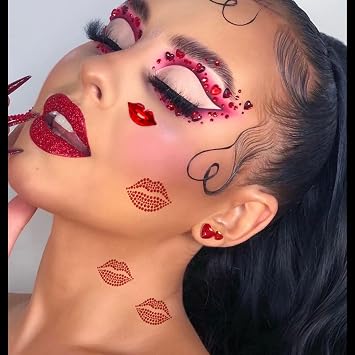 NOOEPC Red Face Gems Self-Adhesive Face Jewels, Red Face Glitter Lip Hair Gems, Festival Kiss Stickers, Face Rhinestone Stickers for Makeup, Eye, Hair, Body, Rave Accessories