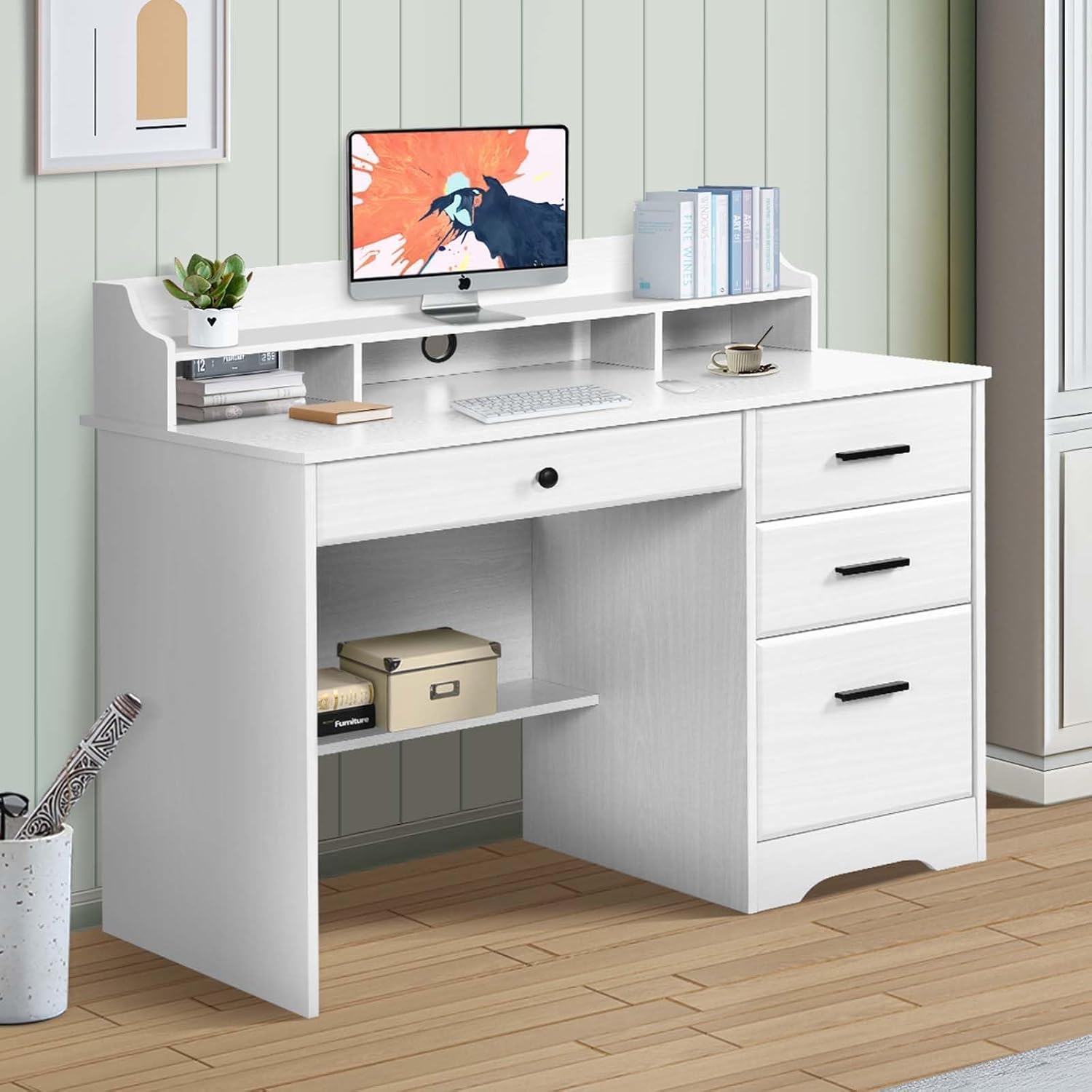 White Desk with Drawers, Small Computer Desk with File Drawer for Bedroom, Home Office Desk with Shelves and Monitor Stand for Writing Study, Small Spaces