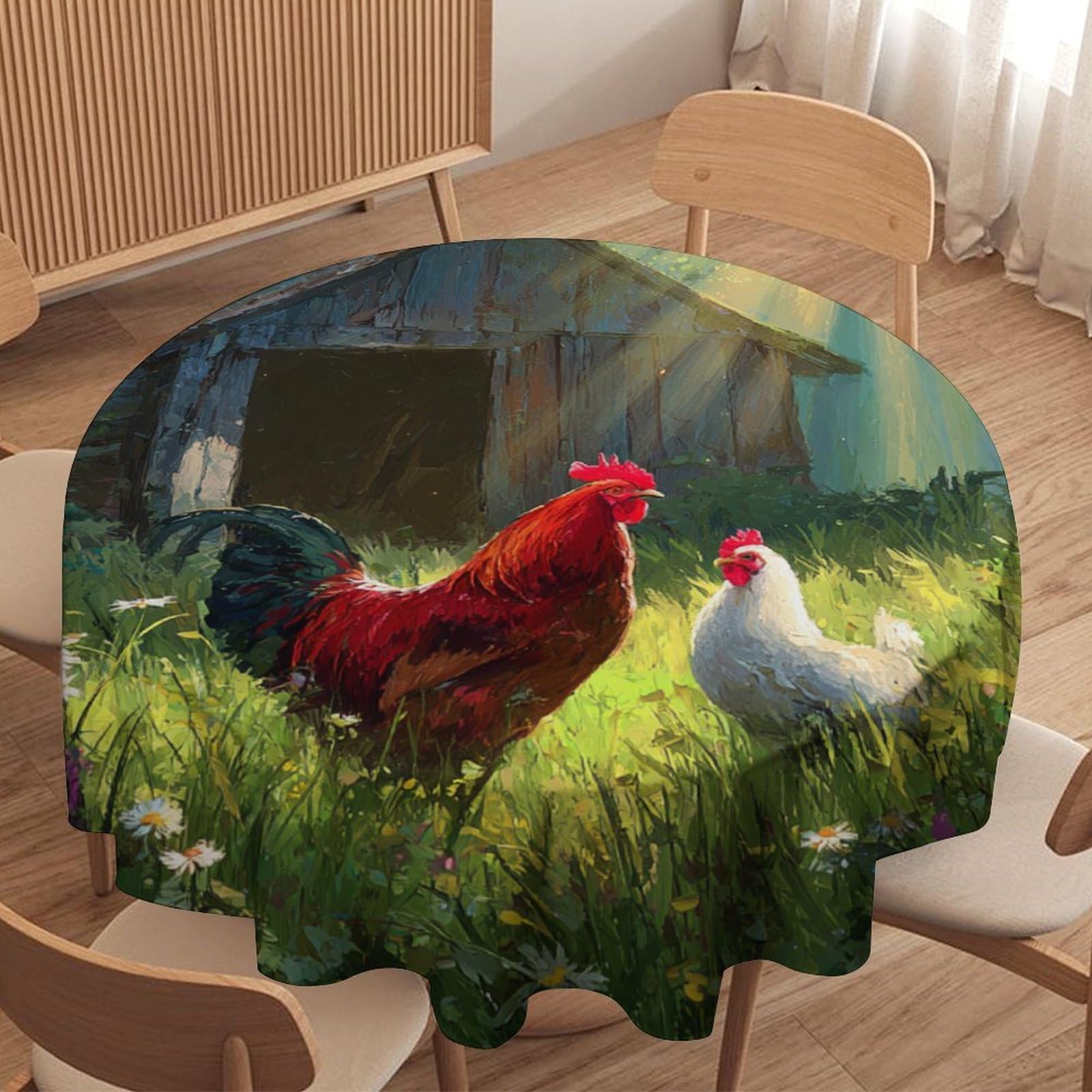 LUYYSKY Funny Abstract Chicken Rooster Round Tablecloth Classic Oil Painting Farmhouse Barn Farm Animal Rooster Washable Decor for Table Cover for Kitchen-152.4" Wx152.4 L cm