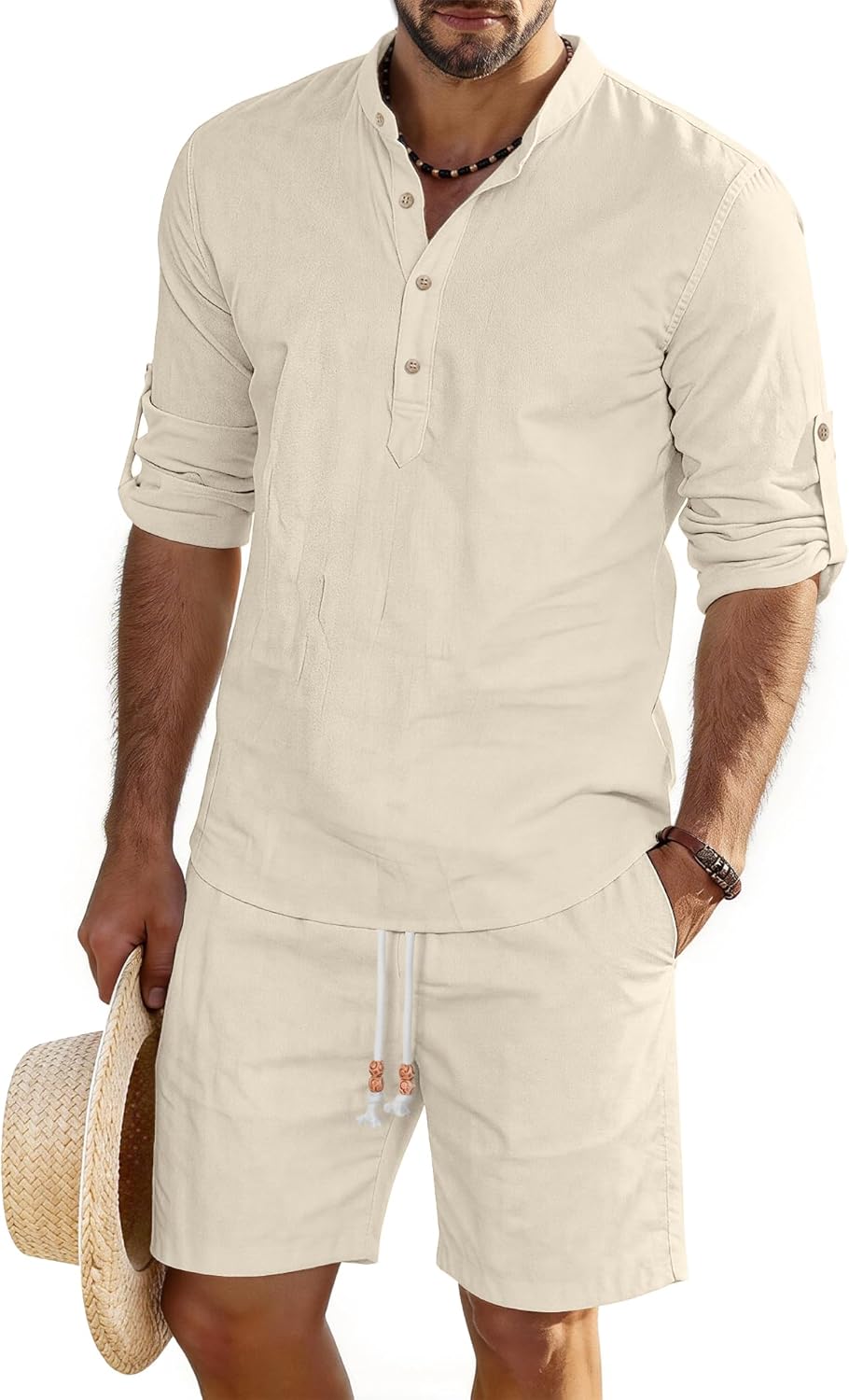 JEMLDL Men's 2 Piece Linen Cotton Set Casual Long Sleeve Cuban Henley Shirt & Shorts Summer Beach Vacation Outfits