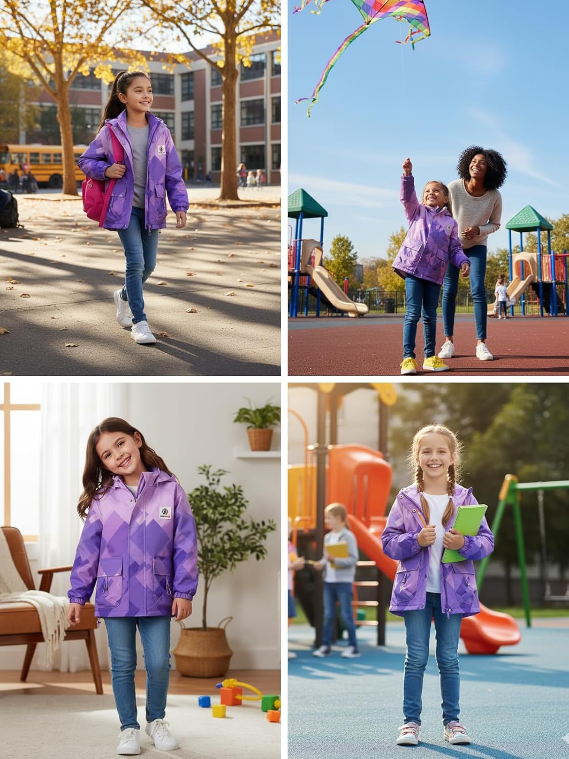 WELAKEN Girls Water-Resistant Jacket with Fleece Lining and Pockets – Kids Zip-Up Hooded Coat