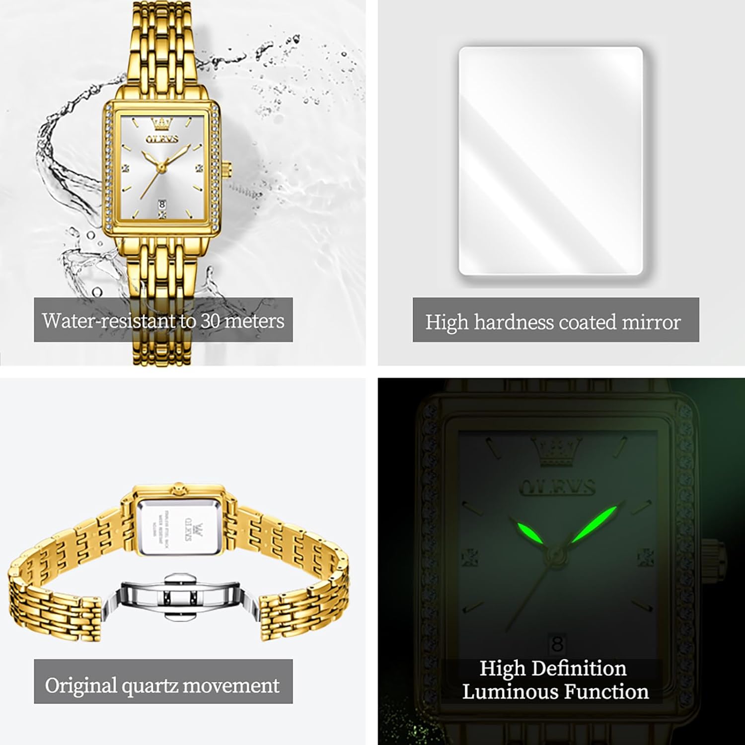 OLEVS Square Watches for Women, Gold Stainless Steel Bracelet Ladies Small Face Watches, Dainty Waterproof Women's Wrist Watches with Date, Gold/Black/White/Blue/Green Dial - Image 4