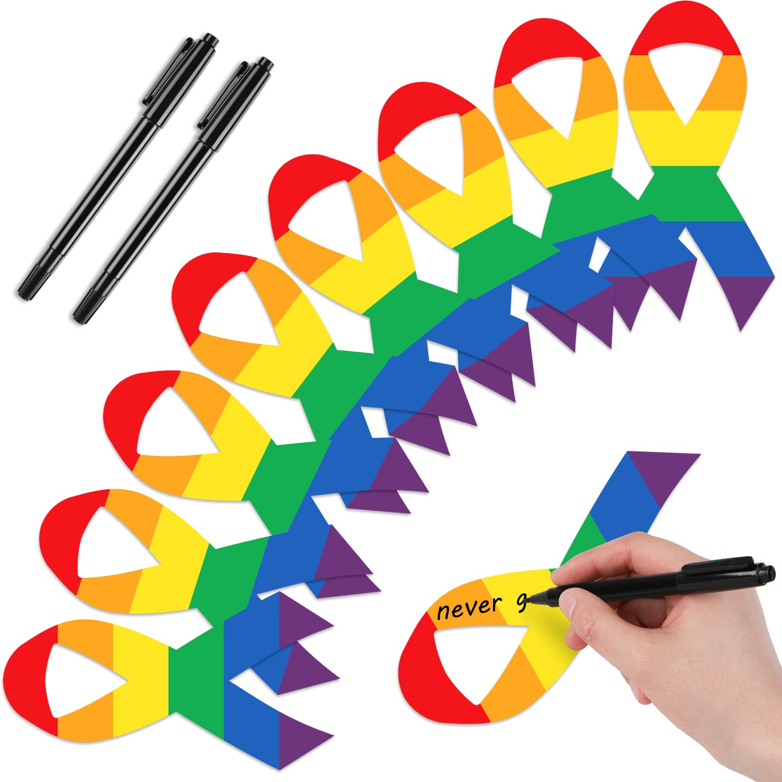 Qilery 100 Pcs Large Gay Pride Cutouts with 2 Pcs Marker Pens Paper Rainbow Ribbon LGBTQ Pride Month Cutouts for Parades Festival Party Decorations