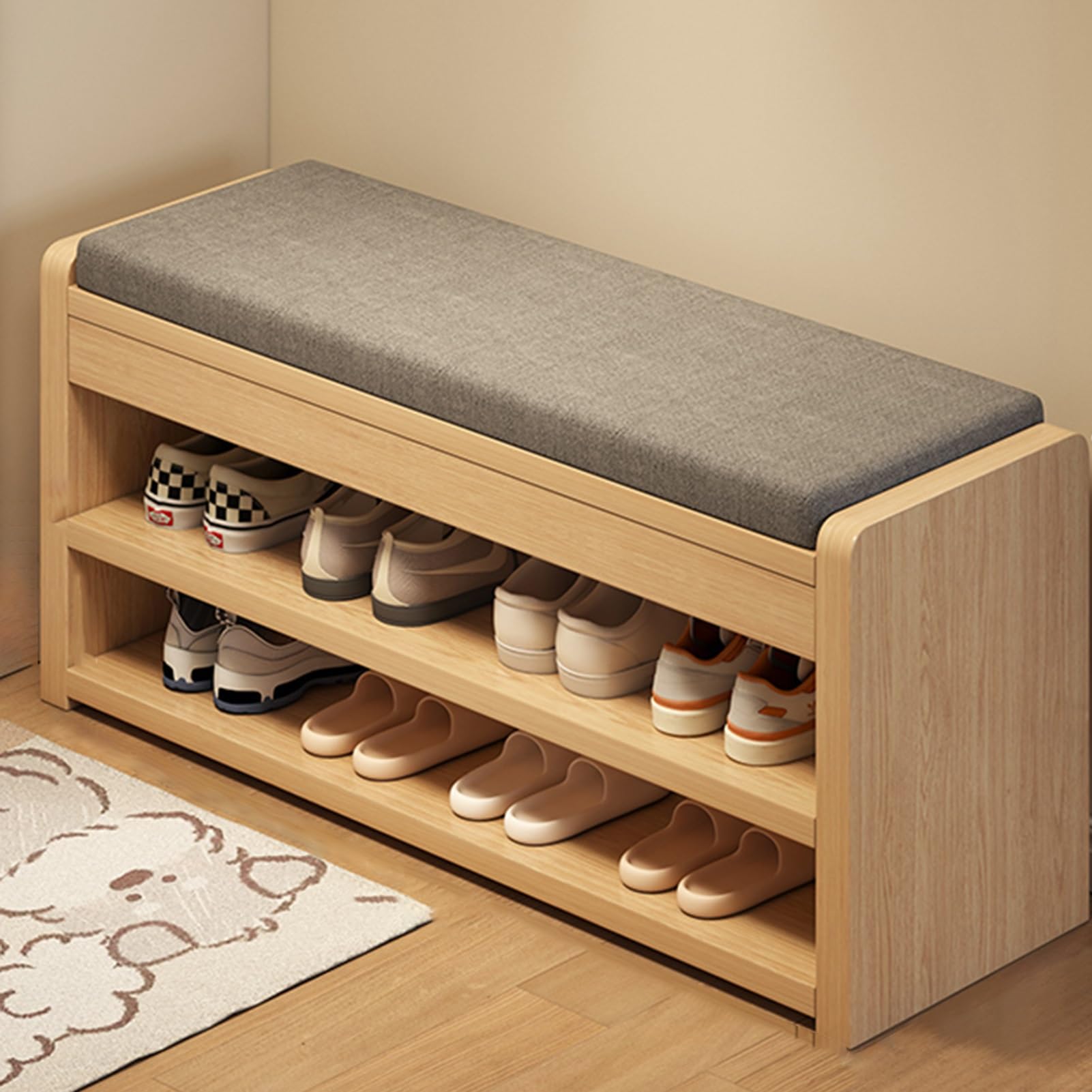 MSHGSKU Cushioned Shoe Bench with 2 Tier nizer Fabric Upholstered Entryway Rack Stylish Storage for Bedroom Home Dorm 60cm (23.6in) Wooden Seat