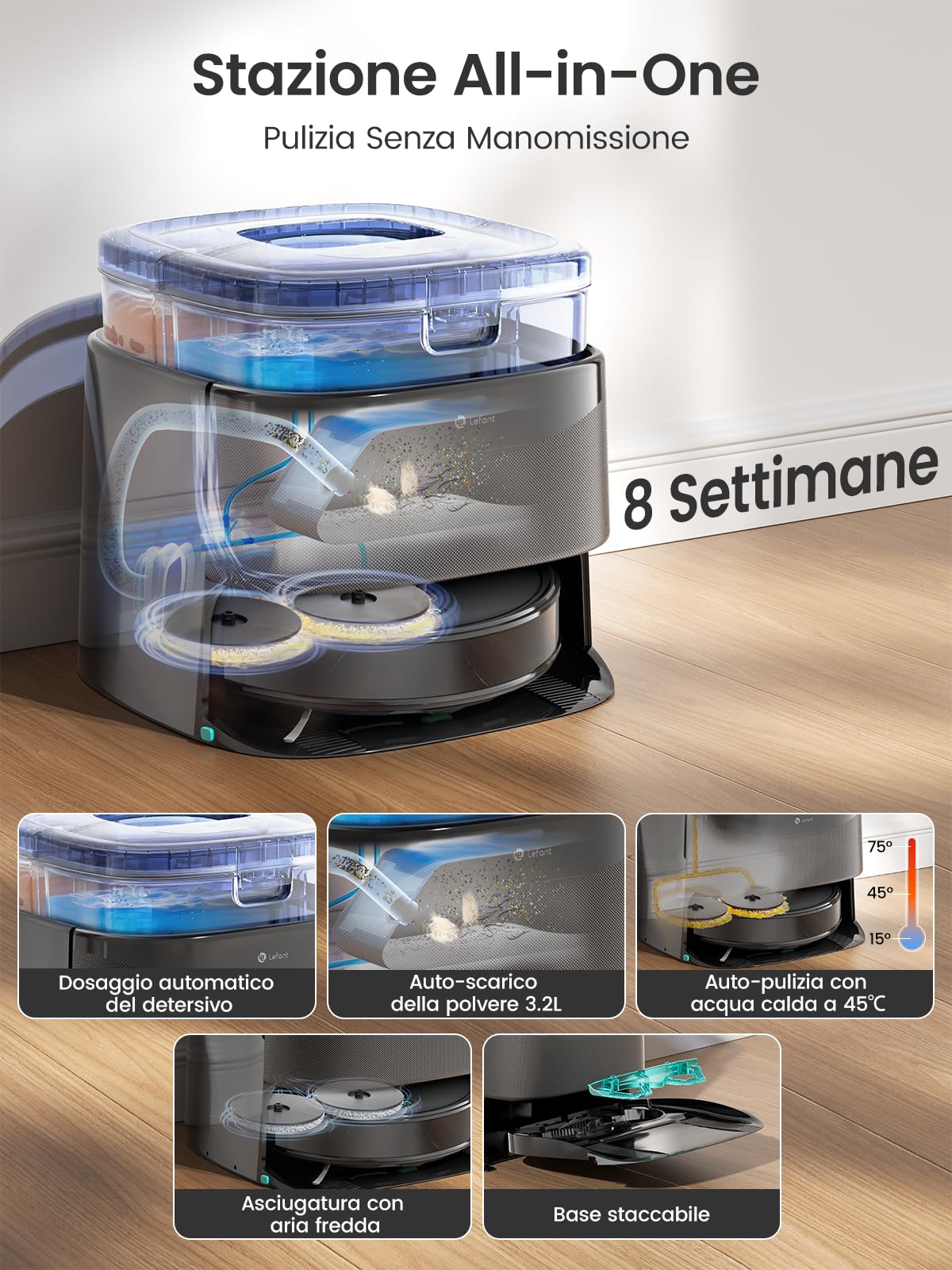 Lefant M3Max Robot Aspirapolvere Lavapavimenti con Mappatura, 20000Pa, Stazione All-in-One, Navigazione dToF, Ostacoli PSD, 3.2L Autosvuotamento, Lavaggio Mop 45°C, Asciugatura, WiFi 2.4G/5G/Alexa/APP