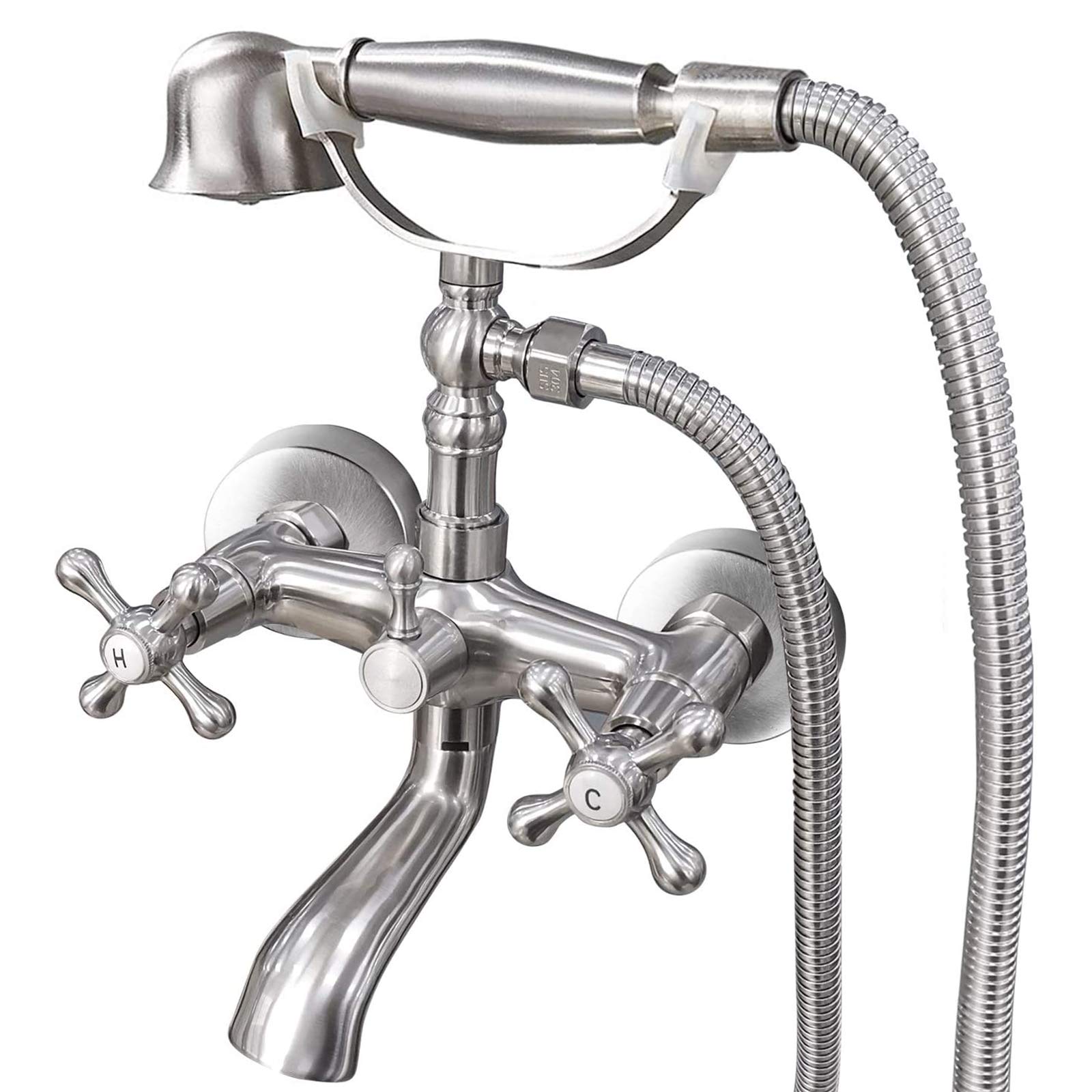 gotonovo Wall Mount Clawfoot Bathtub Faucet with HandHeld Spray and 360° Double Cross Handle Swivel Spout Vintage Tub Shower Faucet Set with Adapter Adjustable Swing Arms Brushed Nickel